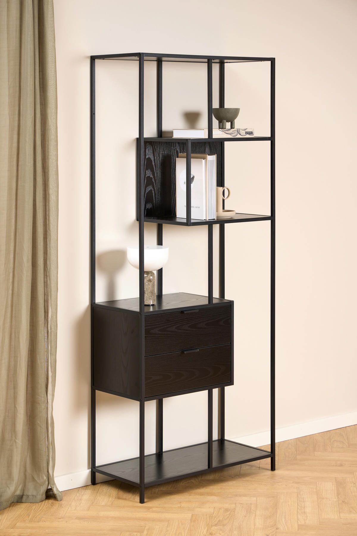 REGAL Schwarz, Eschefarben  - Eschefarben/Schwarz, MODERN, Holzwerkstoff/Metall (77/185/35cm)