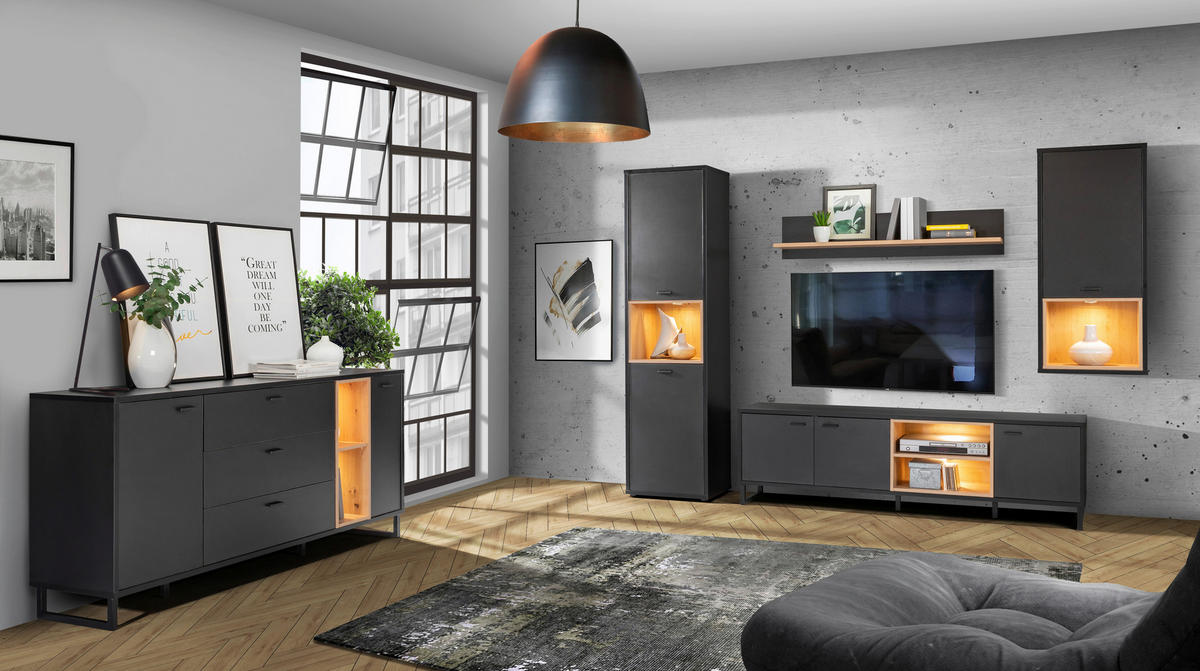 REGAL ZA DNEVNI BORAVAK crna, hrast artisan   - crna/hrast artisan, Moderno, metal/pločasti materijal (254,6/195,1/41,5cm) - Hom`in