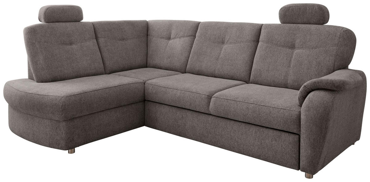 ECKSCHLAFSOFA  mit Liegefunktion, seitenverkehrt erhältlich, Schlafen auf Sitzhöhe, Rücken echt, Armteil rechts Chenille Graubraun  - Chromfarben/Graubraun, MODERN, Kunststoff/Textil (180/264cm) - Livetastic