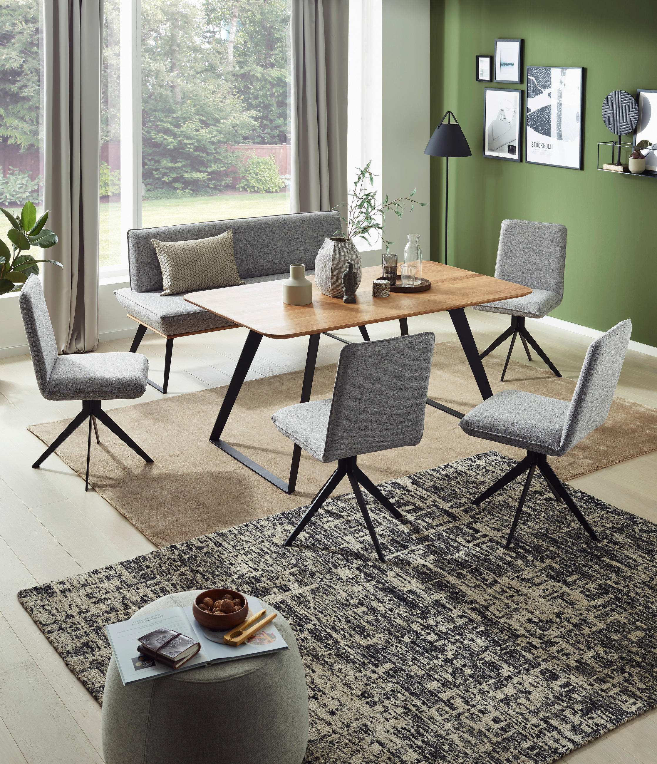 SITZBANK 160/87/64 cm Webstoff Schwarz, Eichefarben, Hellgrau Eiche massiv Metall - Eichefarben/Hellgrau, Design, Holz/Textil (160/87/64cm) - Voleo
