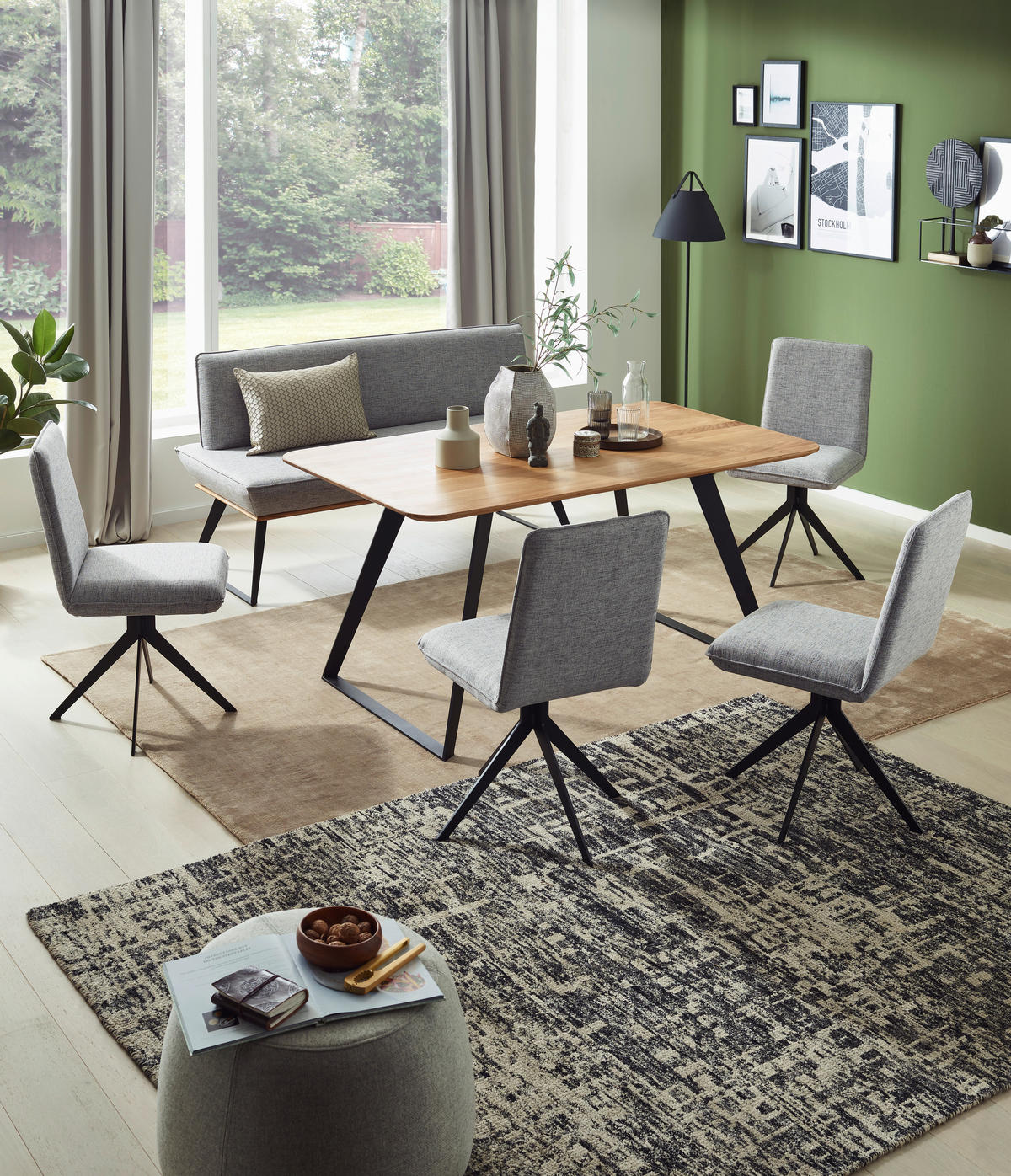 ECKBANK in Holz, Metall, Textil Schwarz, Eichefarben, Petrol  - Eichefarben/Petrol, Design, Holz/Textil (223/163cm) - Voleo