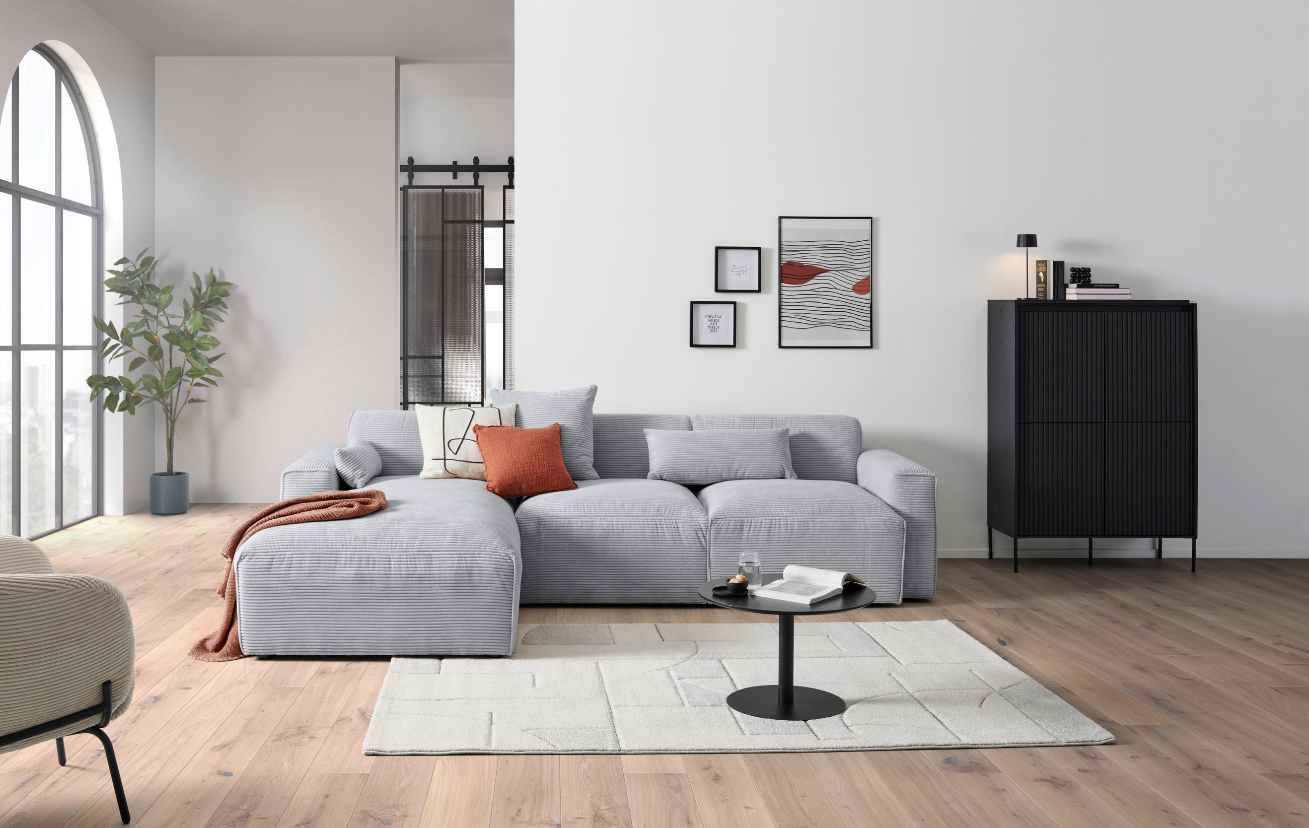 ECKSOFA in Cord Grau  - Schwarz/Grau, Design, Kunststoff/Textil (196/303cm) - Livetastic