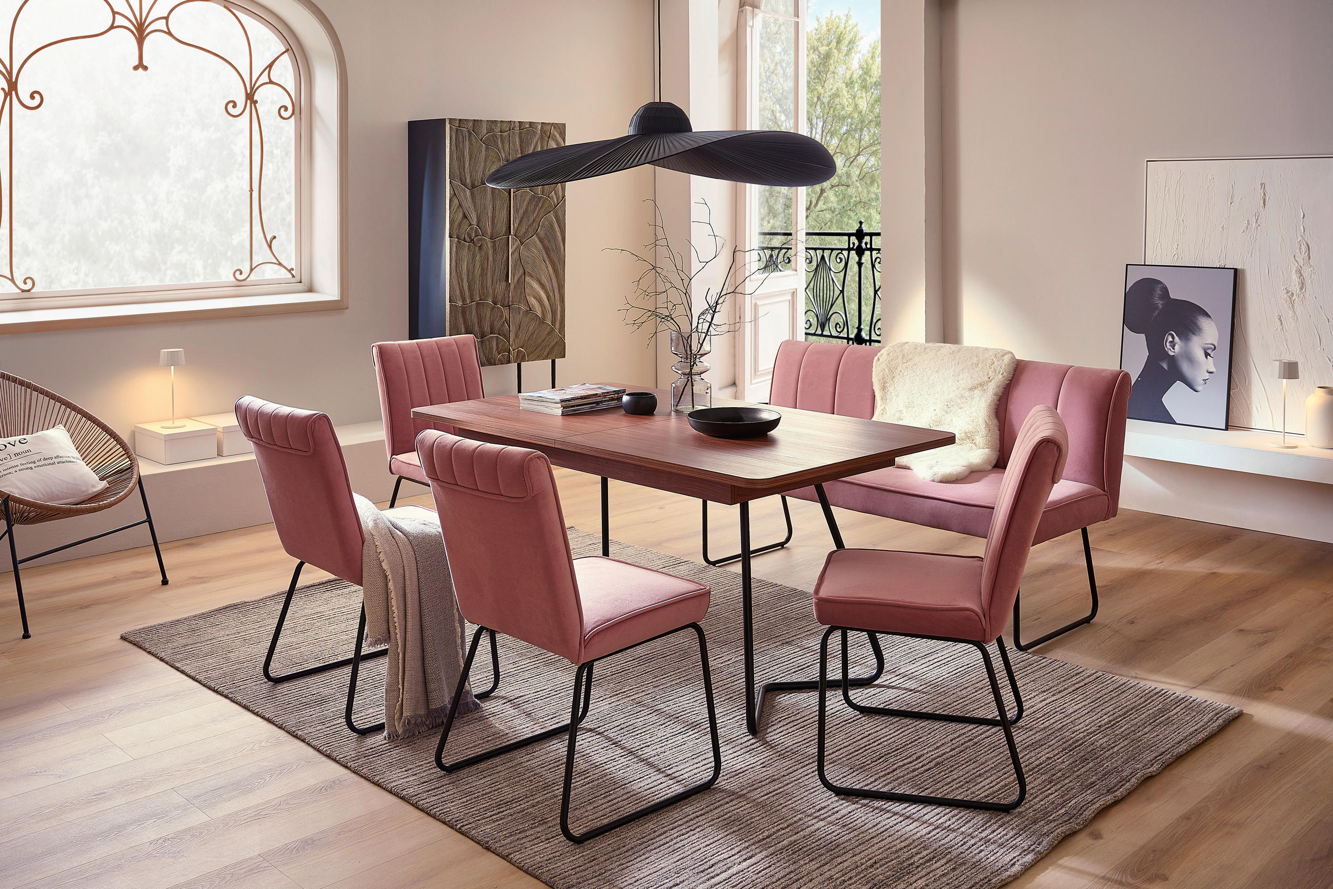 ESSTISCH in Metall, Holzwerkstoff 160-205/90/76 cm  - Walnussfarben/Schwarz, Design, Holzwerkstoff/Metall (160-205/90/76cm) - Hom`in