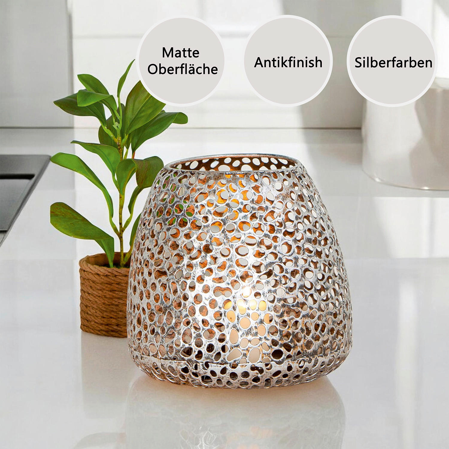 Thumbnail - Windlicht Chico, Silber, Metall, bauchig, 20x20x20 cm, Dekoration, Windlichter & Laternen, Windlichter