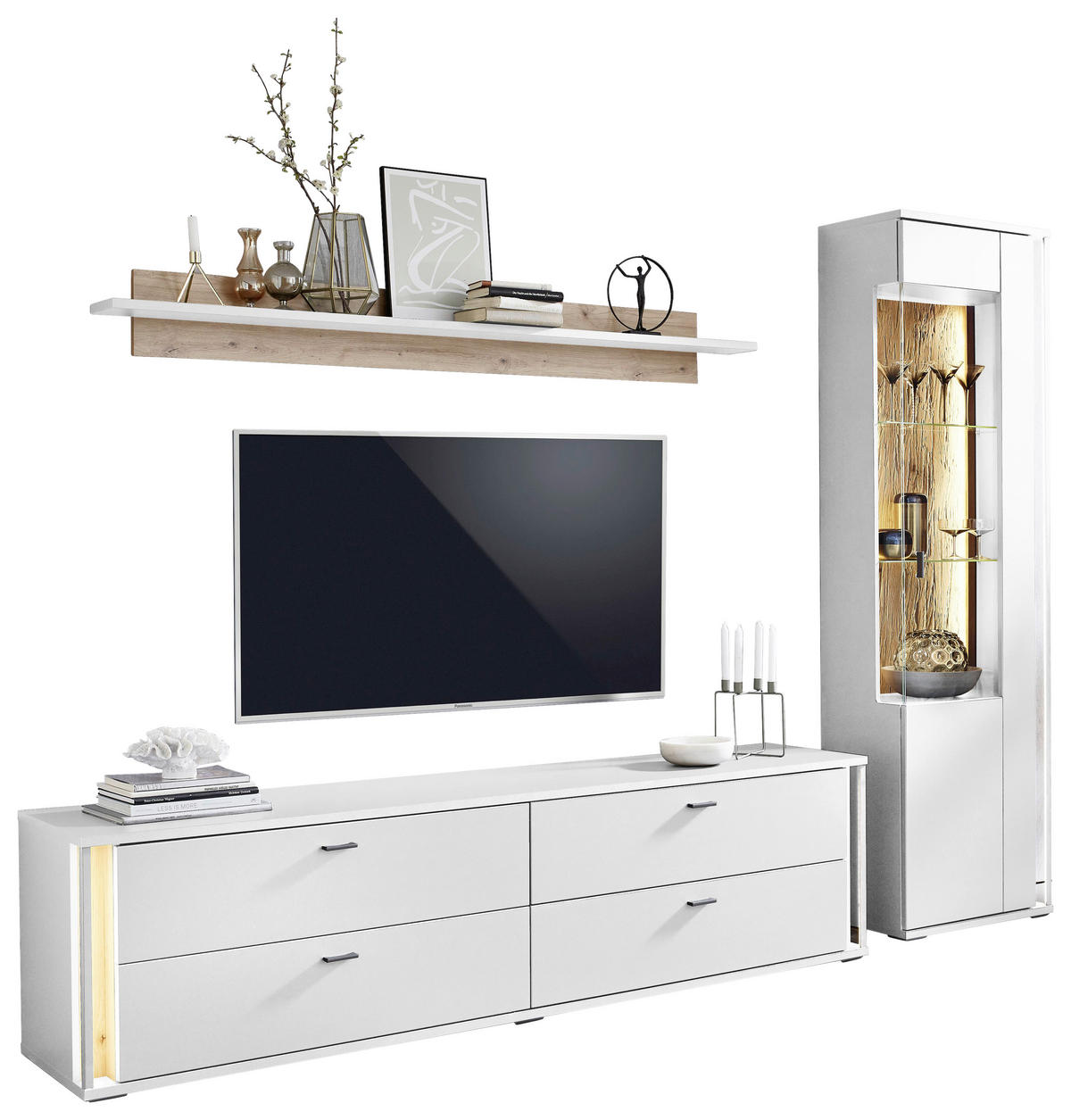 WOHNWAND  in Weiß, Eiche Artisan  275/207,5/44,2 cm  - Dunkelgrau/Weiß, Design, Glas/Holzwerkstoff (275/207,5/44,2cm) - Stylife