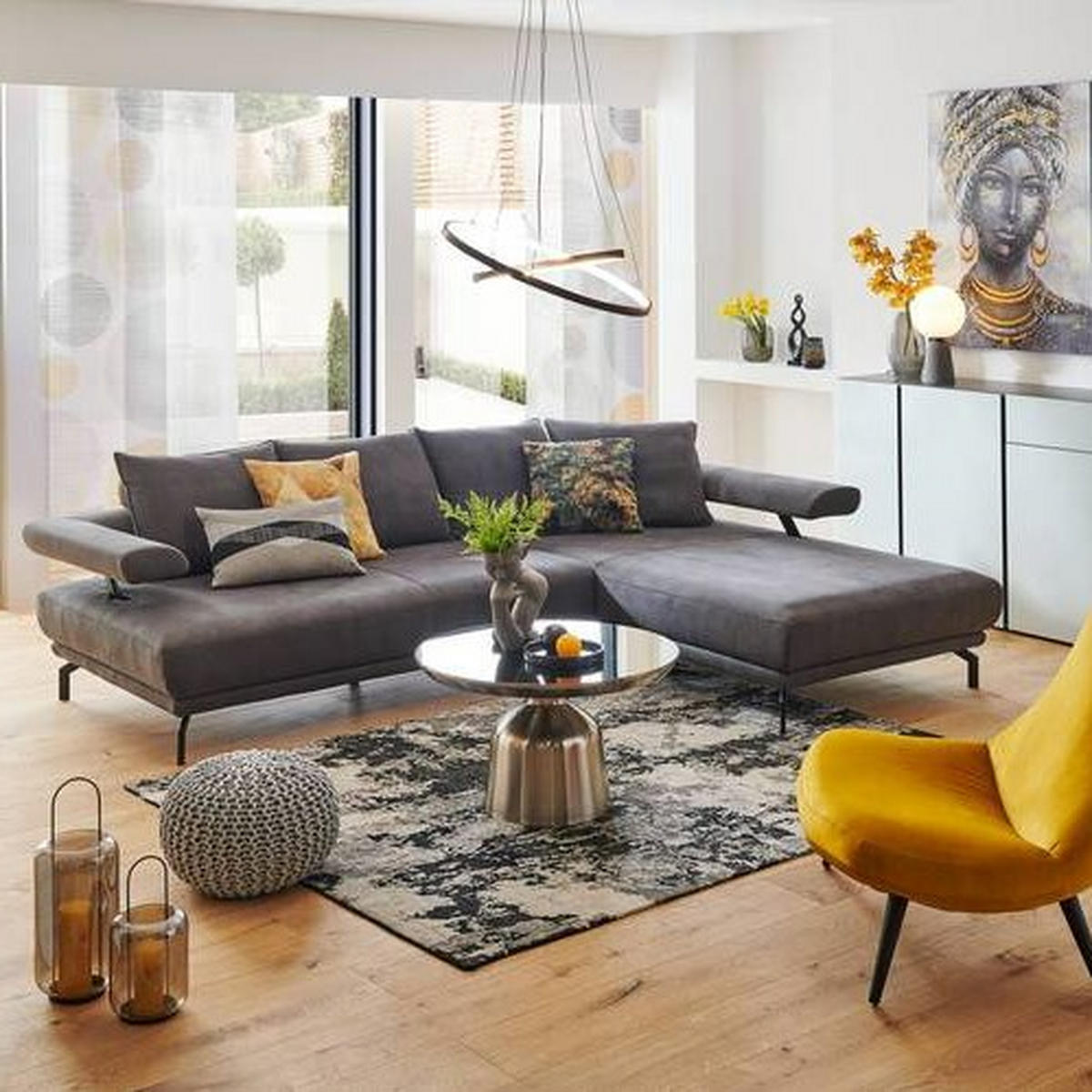 ECKSOFA in Mikrofaser Anthrazit  305/224 cm  - Anthrazit/Schwarz, Design, Textil/Metall (305/224cm) - Dieter Knoll
