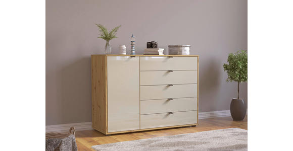 KOMMODE 120/86/43 cm in Champagner, Eiche Bianco - Schieferfarben/Eiche Bianco, Design, Glas/Holzwerkstoff (120/86/43cm) - Novel