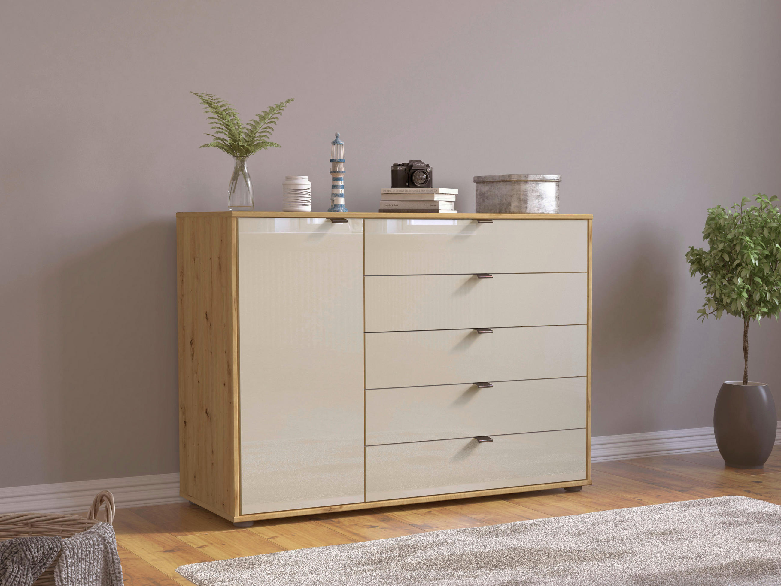 KOMMODE 120/86/43 cm  in Champagner, Eiche Bianco  - Schieferfarben/Eiche Bianco, Design, Glas/Holzwerkstoff (120/86/43cm) - Novel