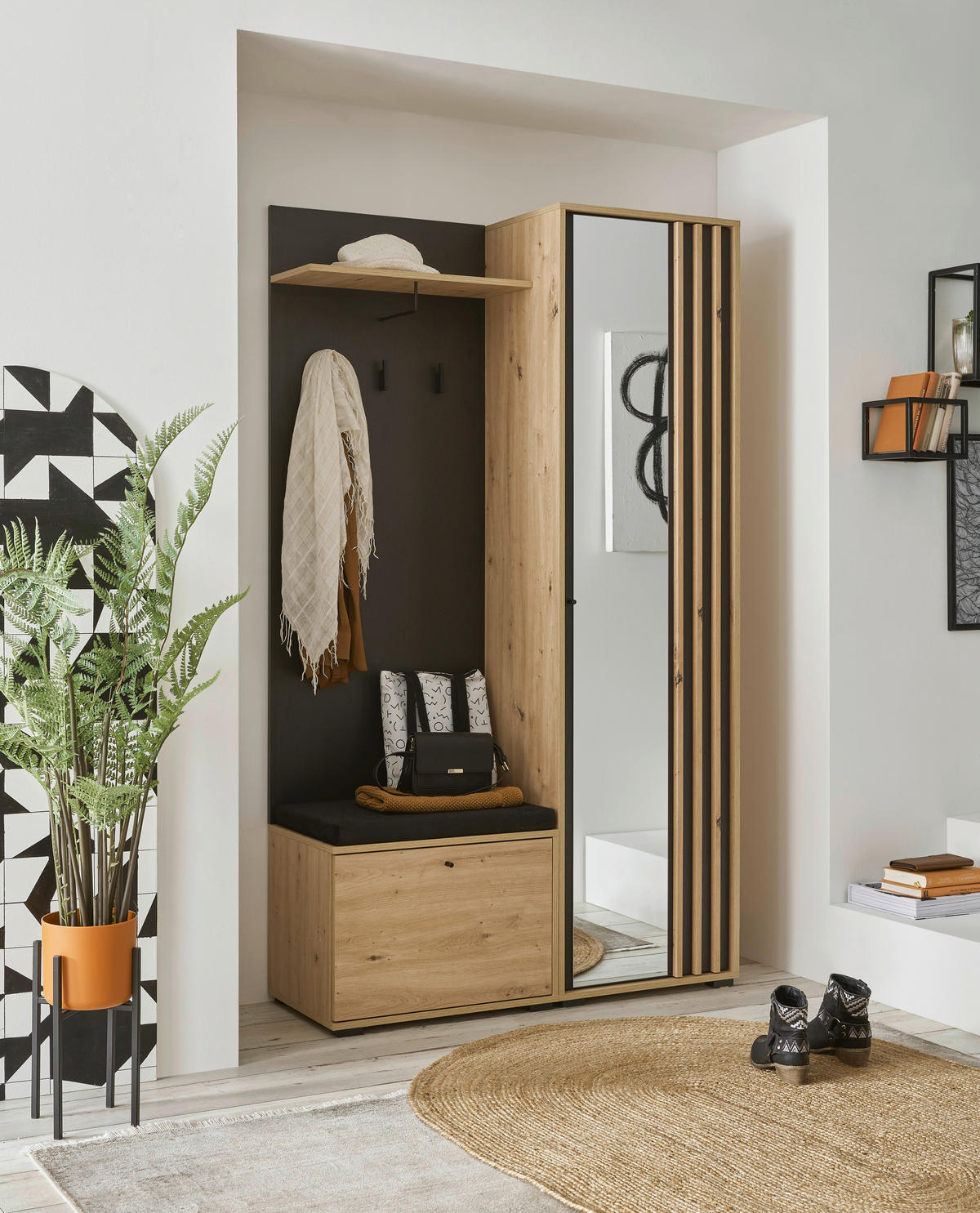 GARDEROBE 5-teilig  in 114/197/40 cm  - Schwarz/Eiche Artisan, Design, Glas/Holzwerkstoff (114/197/40cm) - Carryhome