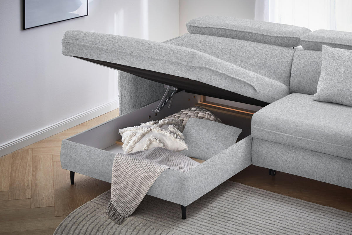 ECKSOFA inkl. Funktionen Hellgrau Flachgewebe  - Hellgrau/Schwarz, Design, Holz/Textil (185/232cm) - Stylife