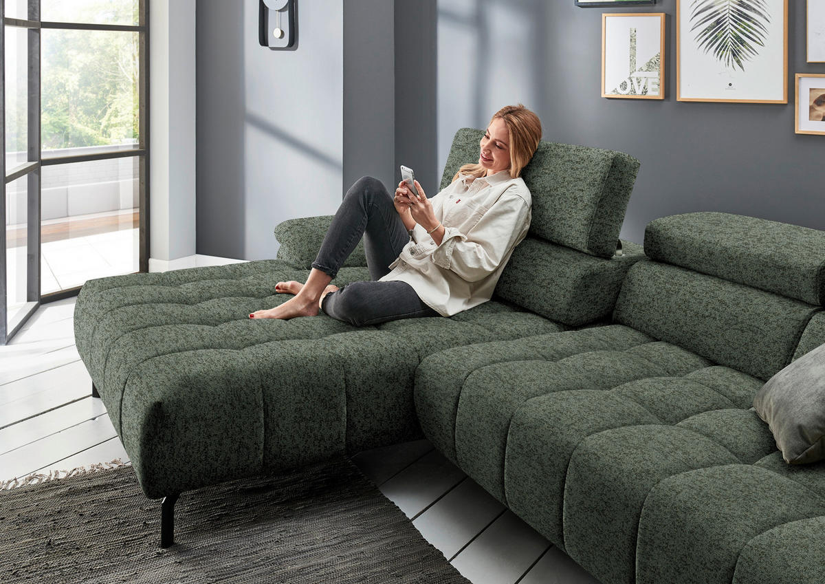 ECKSOFA in Chenille Grün  190/329 cm  - Schwarz/Grün, Design, Textil/Metall (190/329cm) - Beldomo Style