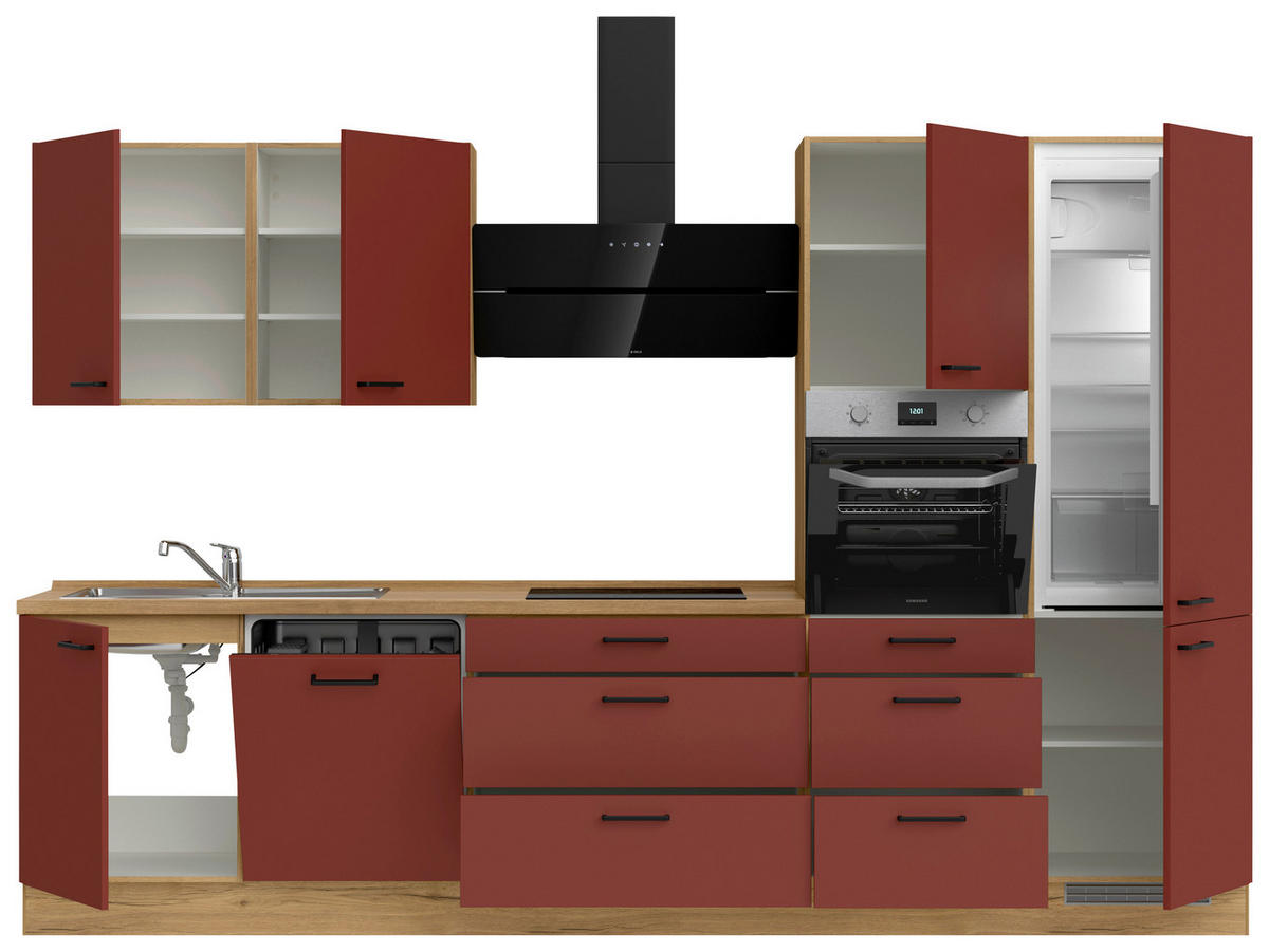 KÜCHENLEERBLOCK 330 cm   in Rot, Eichefarben  - Eichefarben/Rot, MODERN, Holzwerkstoff/Metall (330cm) - Nobilia