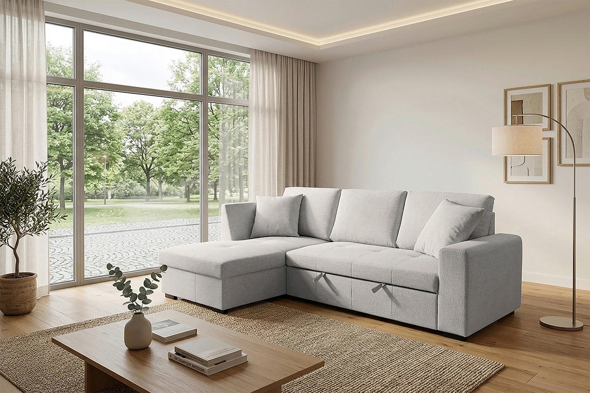 ECKSOFA LUKAS Creme Struktur Zierkissen, Bettkasten  - Creme, Trend, Textil (158/239cm) - P & B