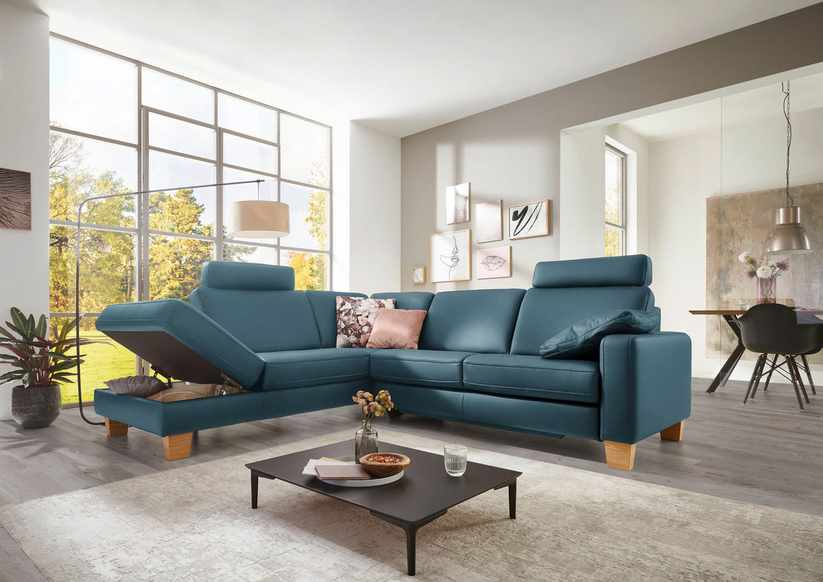 ECKSOFA in Echtleder Blau  - Blau/Eiche Bianco, Konventionell, Leder/Holz (235/257cm) - Valdera