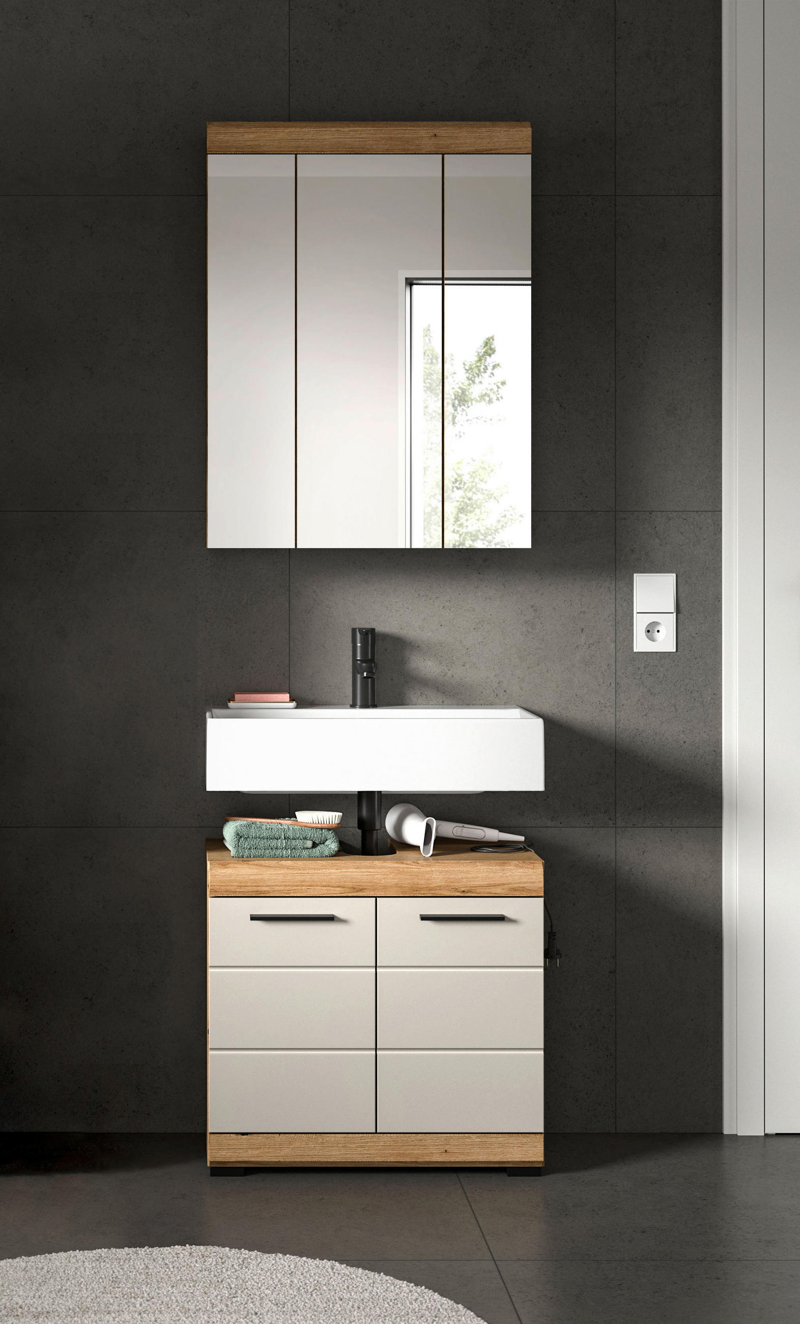 BADEZIMMER 2-teilig  in 60 cm  - Kaschmir/Schwarz, MODERN, Glas/Holzwerkstoff (60cm) - MID.YOU