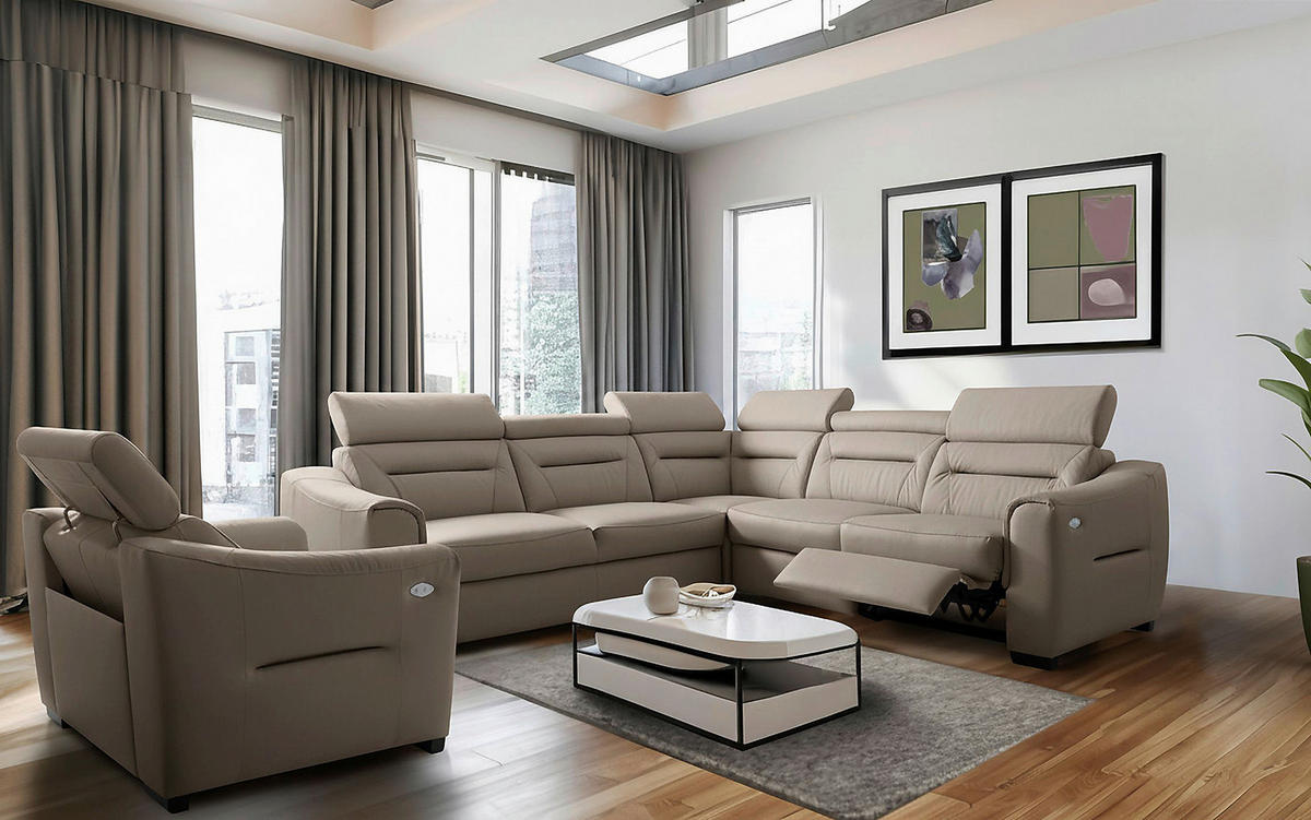 ECKSOFA Schlammfarben Echtleder Lederlook Schlaffunktion, Rücken echt, Relaxfunktion, Kopfteilverstellung  - Wengefarben/Schlammfarben, Design, Leder/Holz (260/260cm) - Celina Home