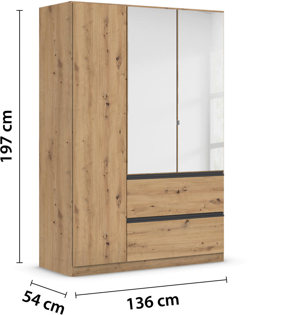 DREHTÜRENSCHRANK in Eiche Artisan  - Eiche Artisan/Grau, Modern, Holzwerkstoff (136/197/54cm) - Rauch Möbel