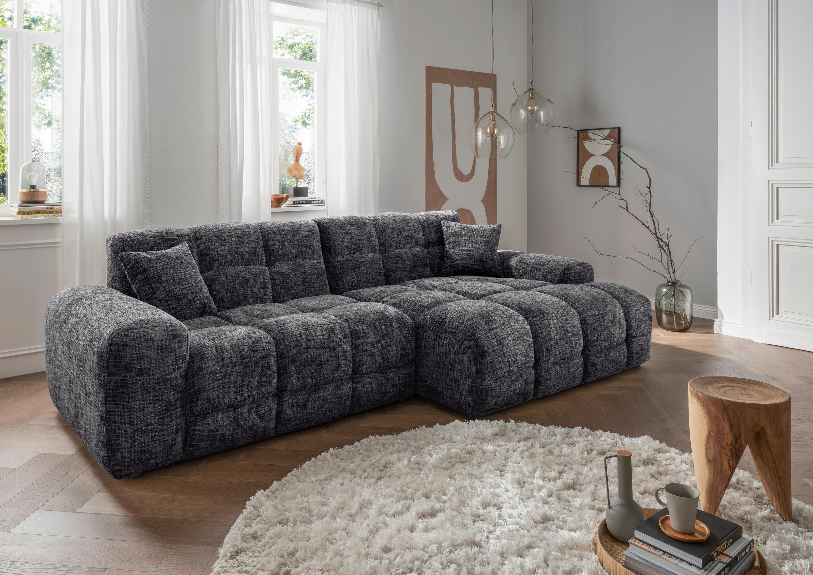 ECKSOFA in Struktur Schwarz  - Schwarz, Modern, Kunststoff/Textil (301/152cm) - Livetastic