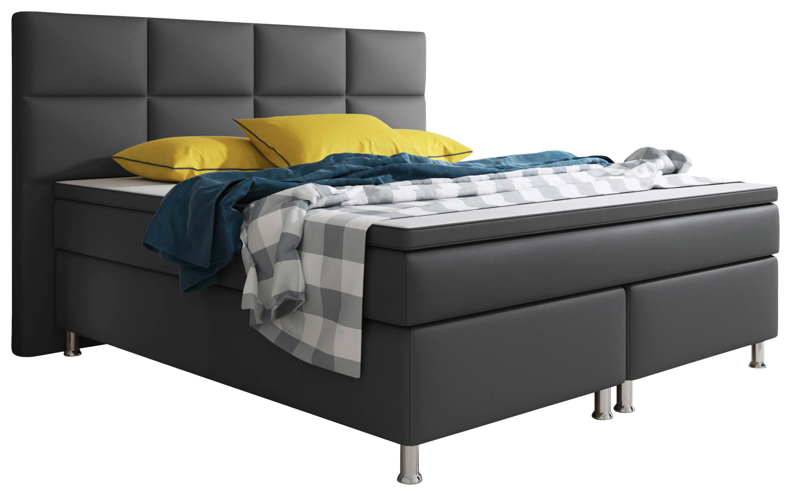 Boxspringbett mit Topper /  in Anthrazit  - Anthrazit/Silberfarben, KONVENTIONELL, Leder/Textil (200/125/210cm) - MID.YOU