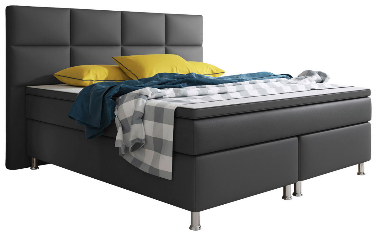 Boxspringbett mit Topper /  in Anthrazit  - Anthrazit/Silberfarben, KONVENTIONELL, Leder/Textil (200/125/210cm) - MID.YOU