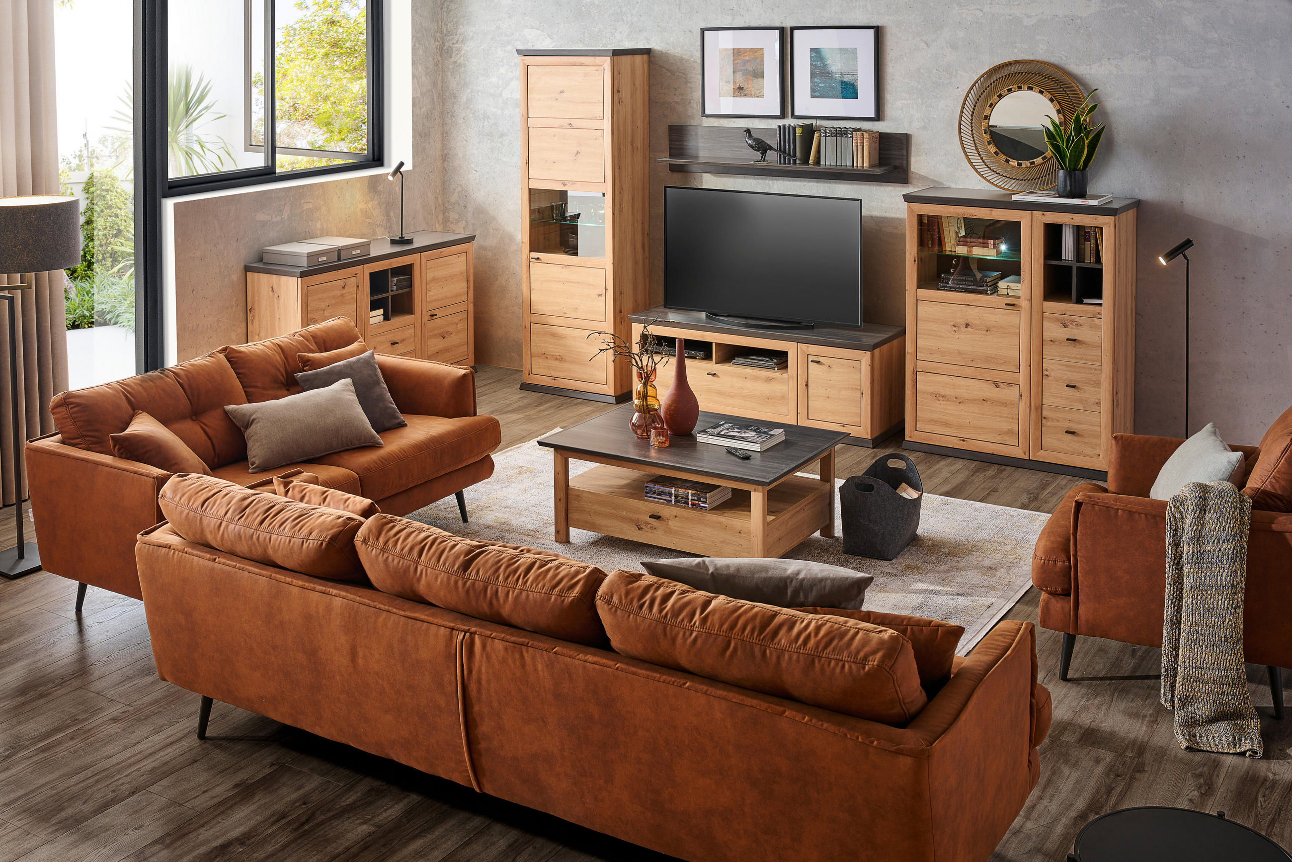 WOHNWAND in Dunkelgrau, Eiche Artisan 329,4/209,2/50 cm - Dunkelgrau/Anthrazit, Modern, Glas/Holzwerkstoff (329,4/209,2/50cm) - Hom`in
