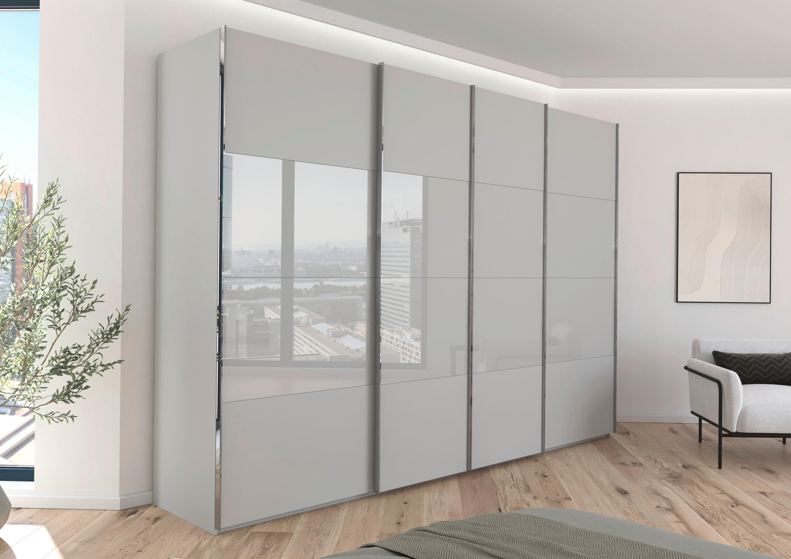 SCHWEBETÜRENSCHRANK 316/235/68 cm 4-türig Seidengrau  - Chromfarben/Seidengrau, KONVENTIONELL, Glas/Holzwerkstoff (316/235/68cm) - Novel