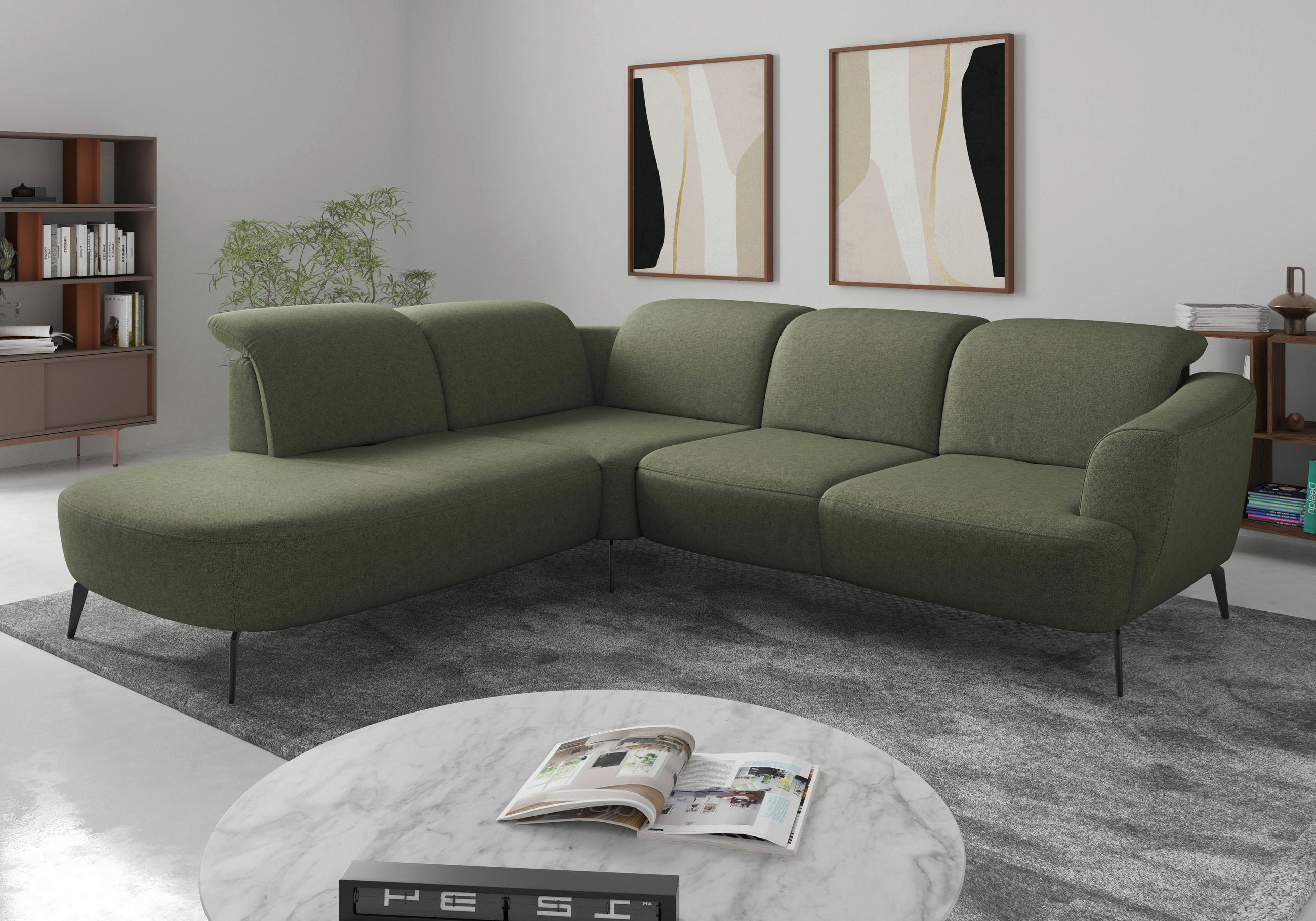 ECKSOFA ZOE E Olivgrün Flachgewebe  - Schwarz/Olivgrün, KONVENTIONELL, Textil/Metall (267/300cm) - Sit & More