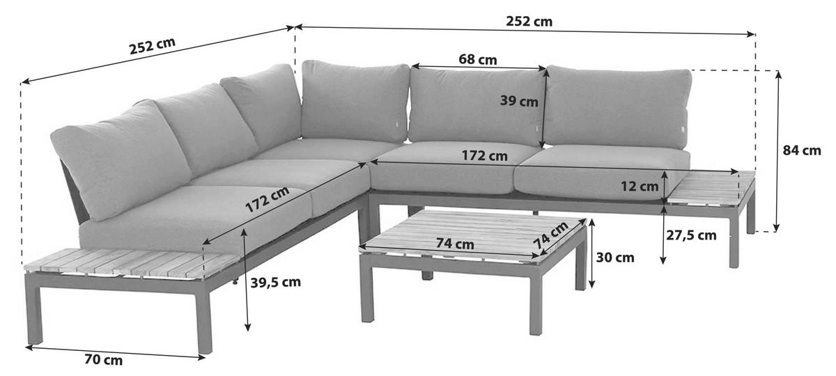 LOUNGEGARNITUR Teakholz massiv Aluminium  - Anthrazit/Grau, KONVENTIONELL, Holz/Kunststoff (252/84/252cm) - Siena Garden