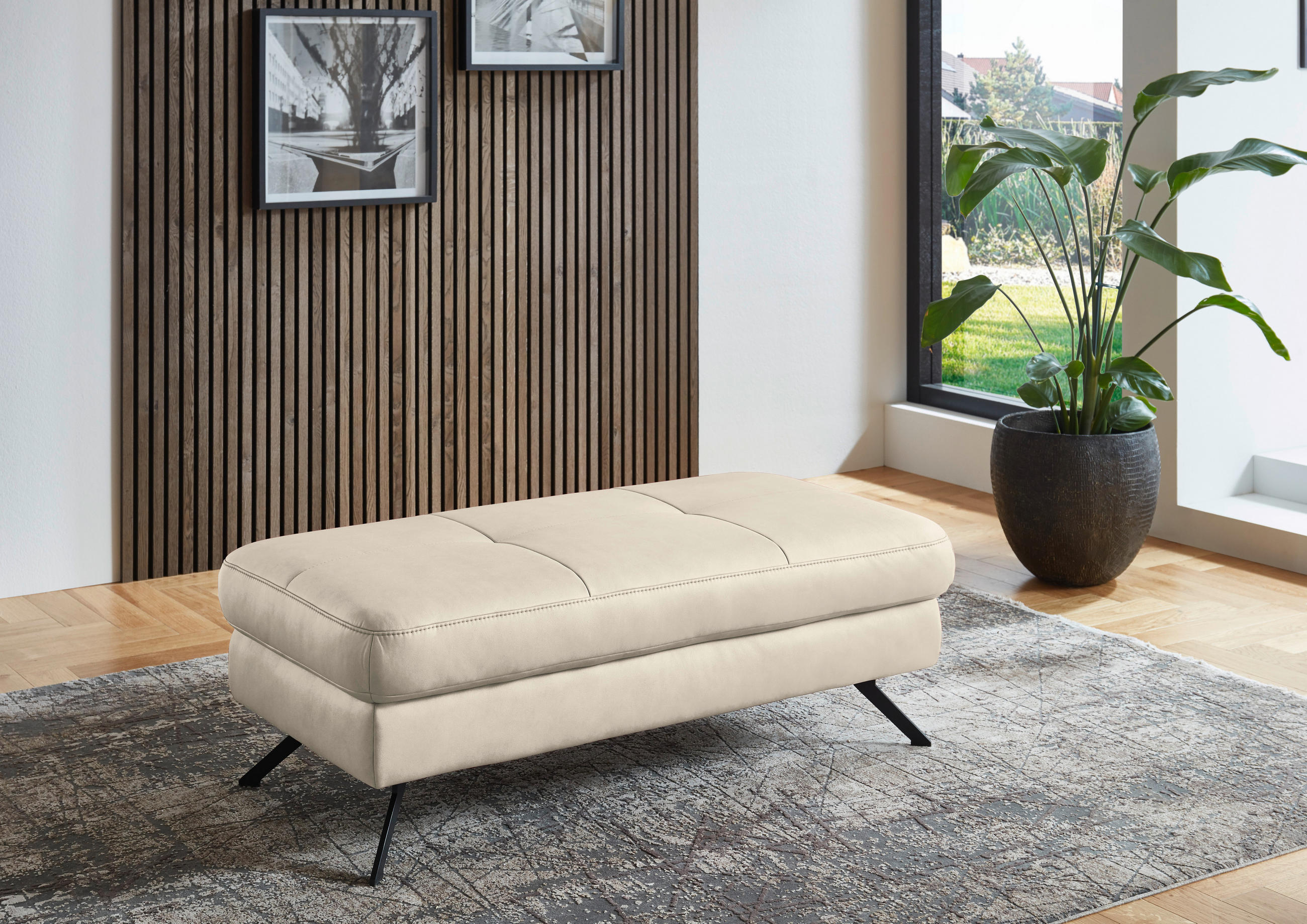 HOCKER in Textil Creme, Naturfarben  - Creme/Schwarz, Design, Textil/Metall (130/47/65cm) - Beldomo System