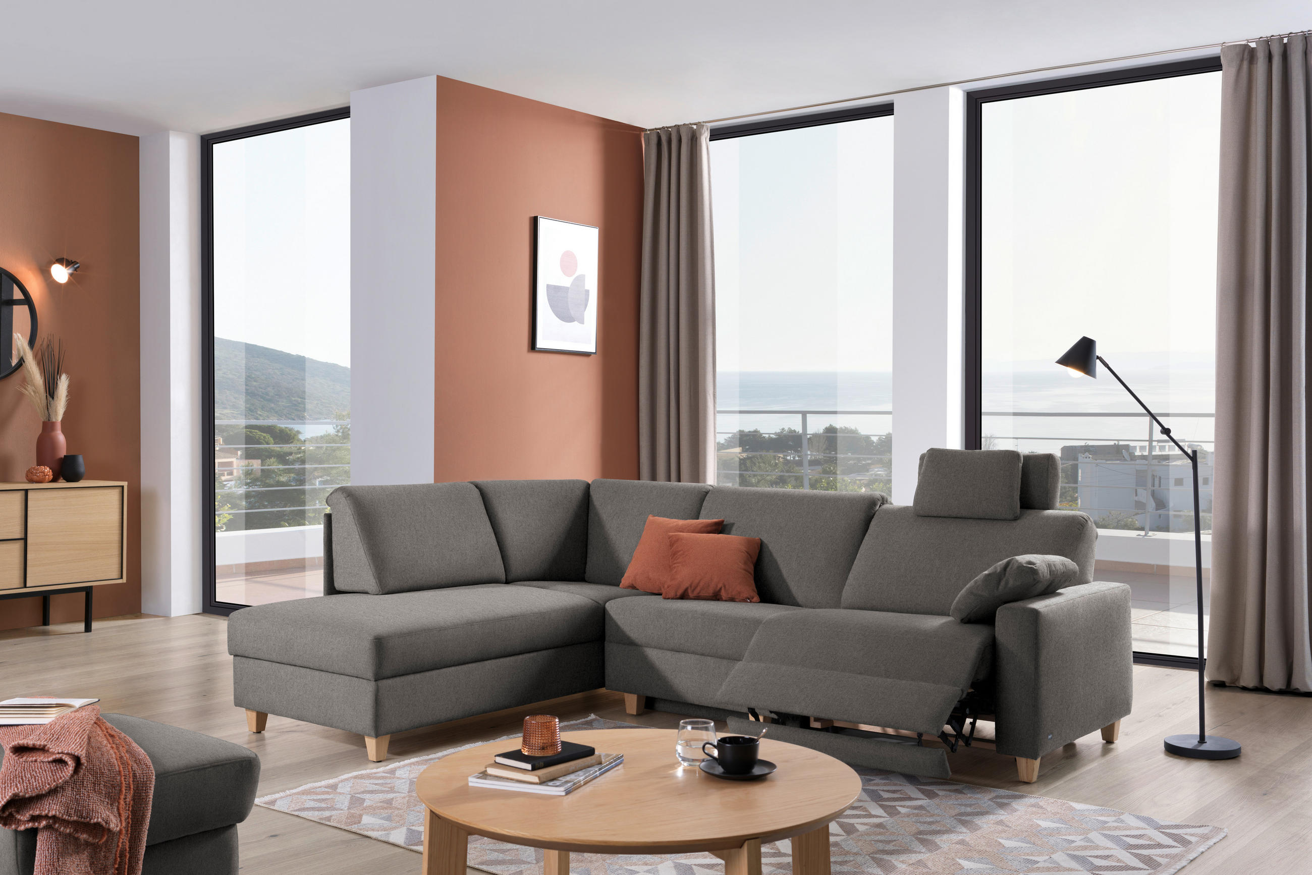 ECKSOFA in Flachgewebe Schlammfarben  203/261 cm  - Schlammfarben/Eichefarben, KONVENTIONELL, Holz/Textil (203/261cm) - Sedda