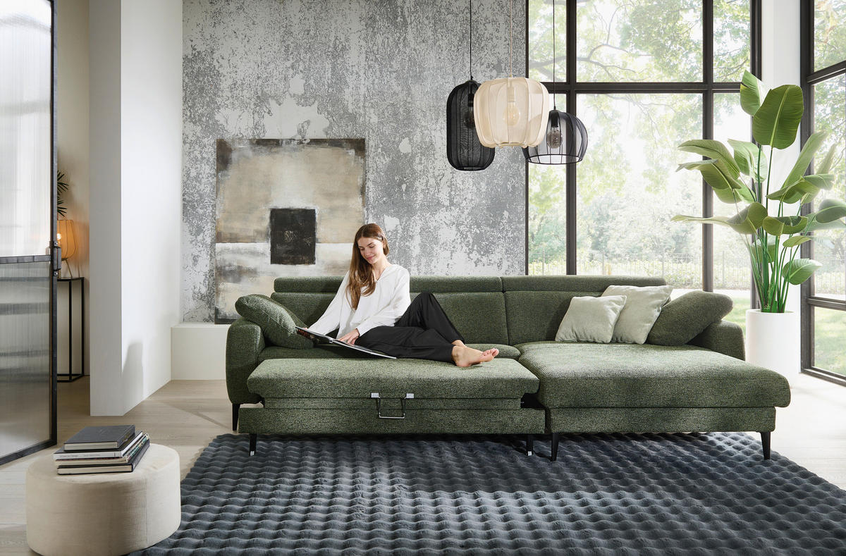 ECKSOFA Grün Chenille  - Schwarz/Grün, KONVENTIONELL, Textil/Metall (300/177cm) - Valdera