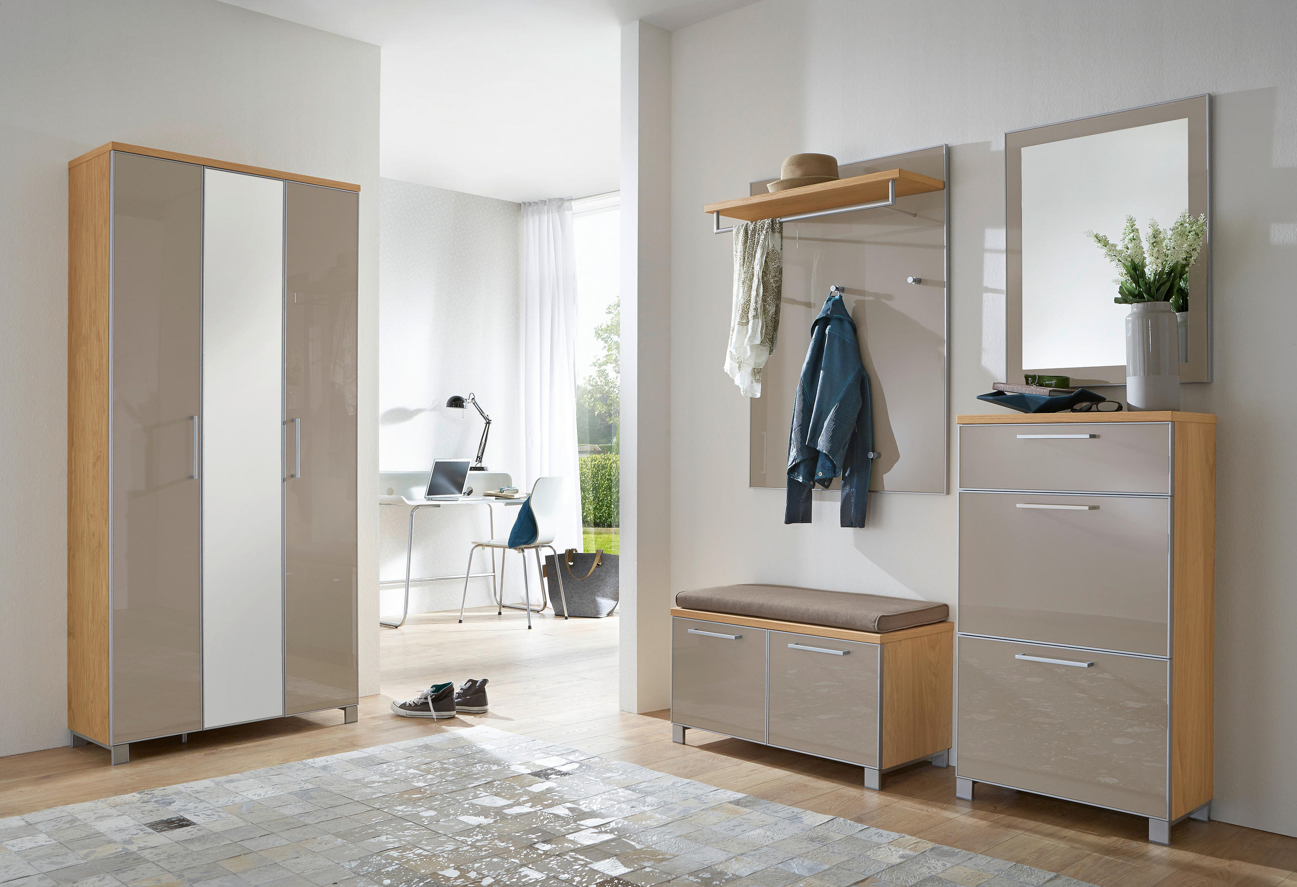 SCHUHKIPPER Eiche furniert - Taupe/Chromfarben, Basics, Glas/Holz (61/108/31cm)