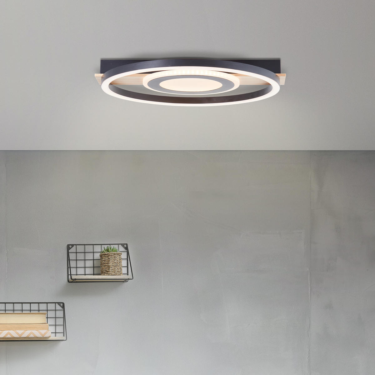STROPNÍ LED SVÍTIDLO, 5/39/37 cm - černá/světle hnědá, Design, kov/dřevo (5/39/37cm)