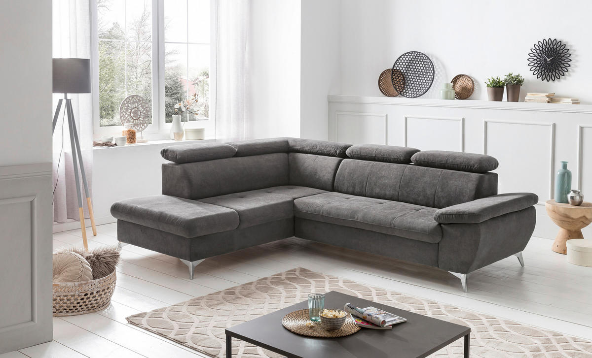 SEDEŽNA GARNITURA, šenilja siva  - barve kroma/siva, Konvencionalno, kovina/tekstil (256/83-99/209cm) - Welnova