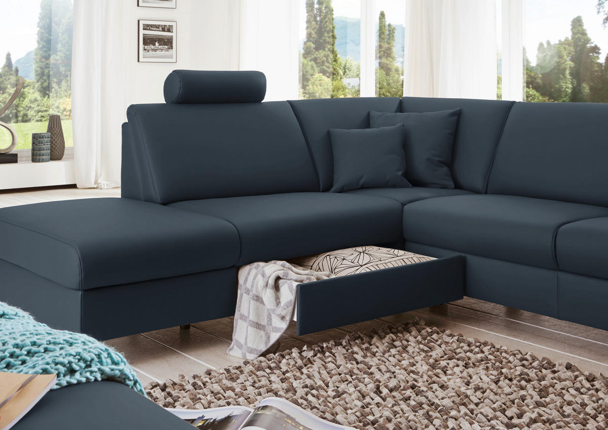 WOHNLANDSCHAFT in Echtleder Dunkelblau  - Alufarben/Dunkelblau, Design, Leder/Metall (233/339/165cm) - Beldomo Premium