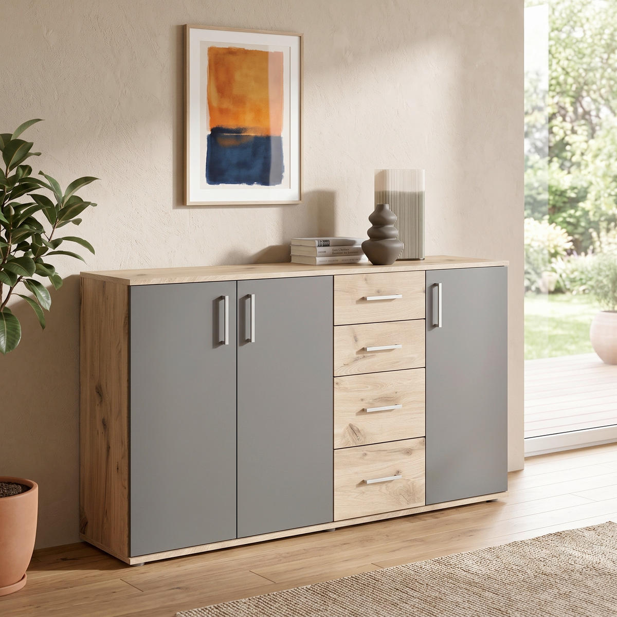 SIDEBOARD  160/84/35 cm 4 Schublade(n)  - Eichefarben/Silberfarben, Design, Holzwerkstoff/Kunststoff (160/84/35cm) - MID.YOU