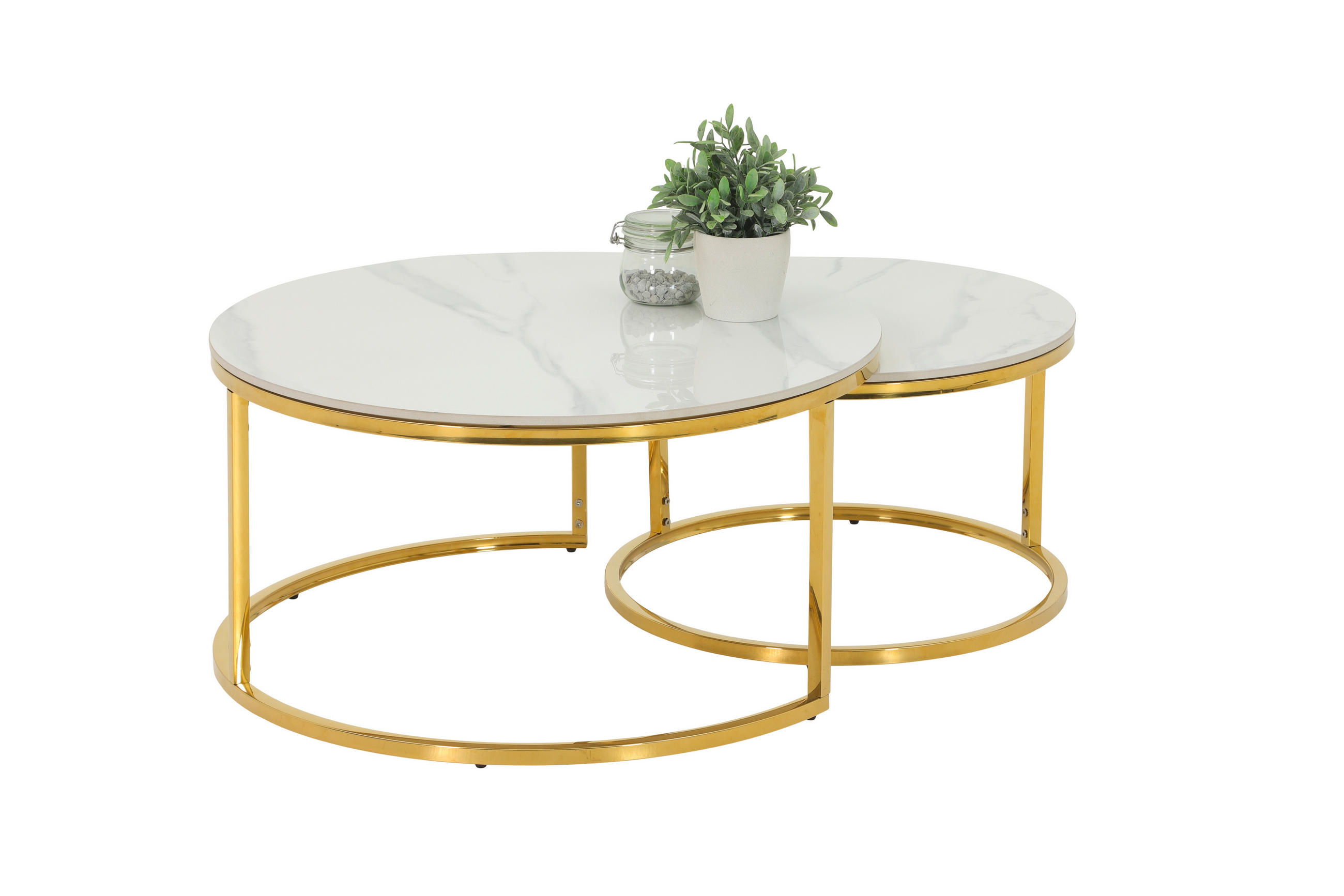 COUCHTISCHSET rund Weiß  - Goldfarben/Weiß, Design, Stein (80/60/41/37cm) - Livetastic