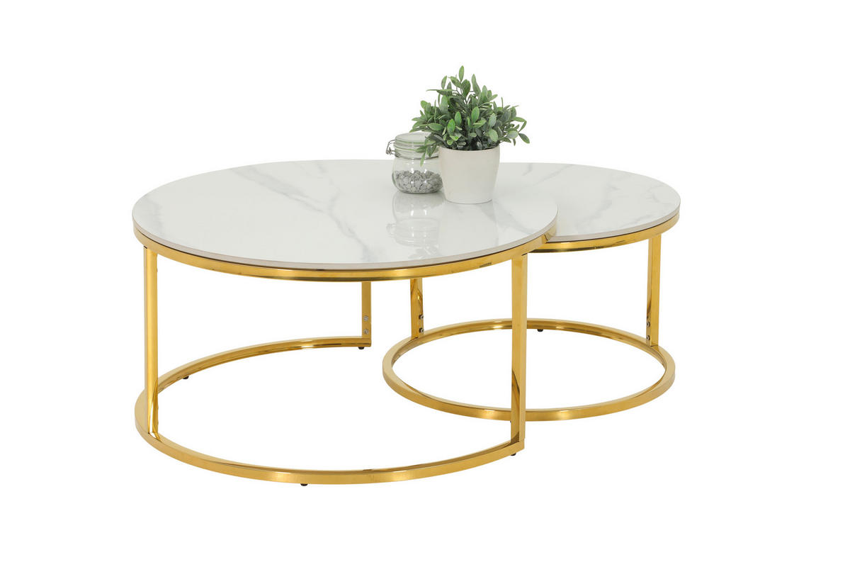 COUCHTISCHSET rund Weiß  - Goldfarben/Weiß, Design, Stein (80/60/41/37cm) - Livetastic