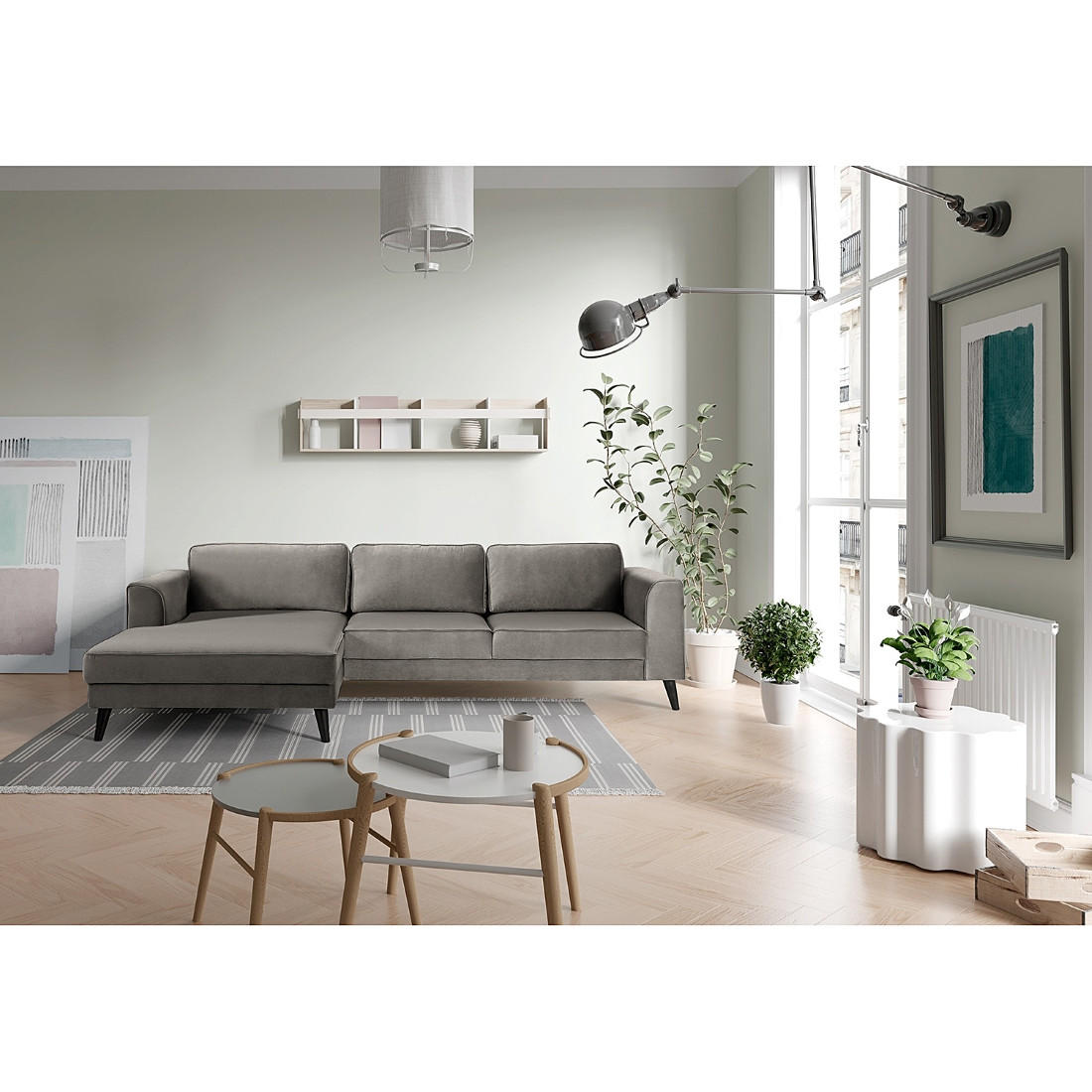 ECKSOFA in Samt, Velours Grau - Wengefarben/Grau, Modern, Holz/Textil (280/85/167cm) - Trendmanufaktur