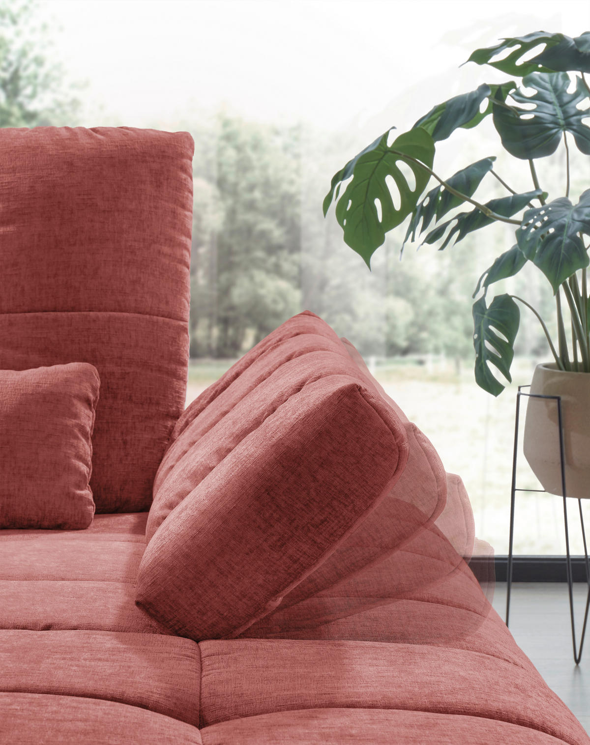 ECKSOFA Weinrot Flachgewebe Rücken echt, Sitztiefenverstellung  - Weinrot/Schwarz, KONVENTIONELL, Textil/Metall (273/211cm) - SetOne by Musterring