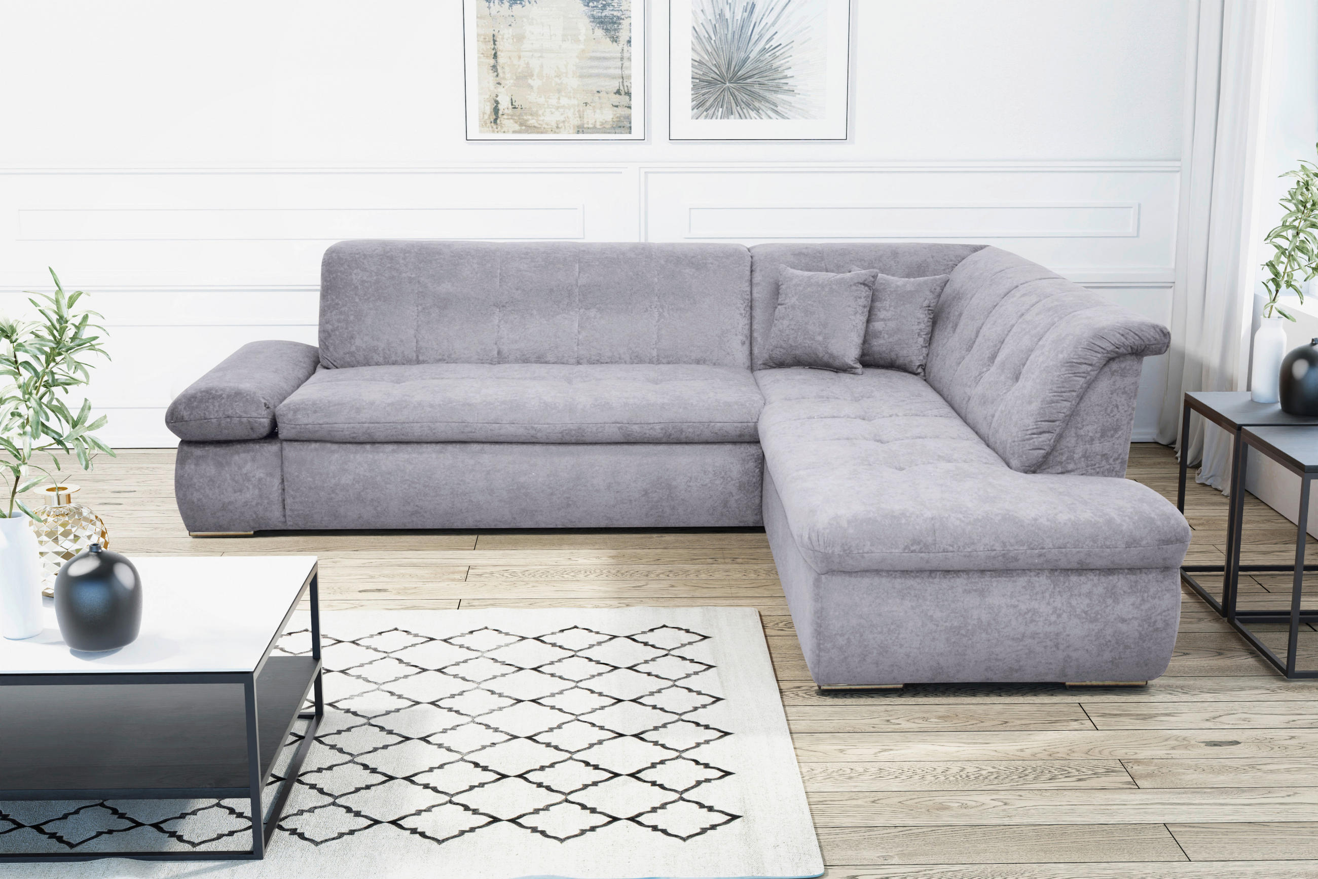 ECKSOFA Grau Mikrofaser  - Chromfarben/Grau, KONVENTIONELL, Textil/Metall (273/216cm) - MID.YOU
