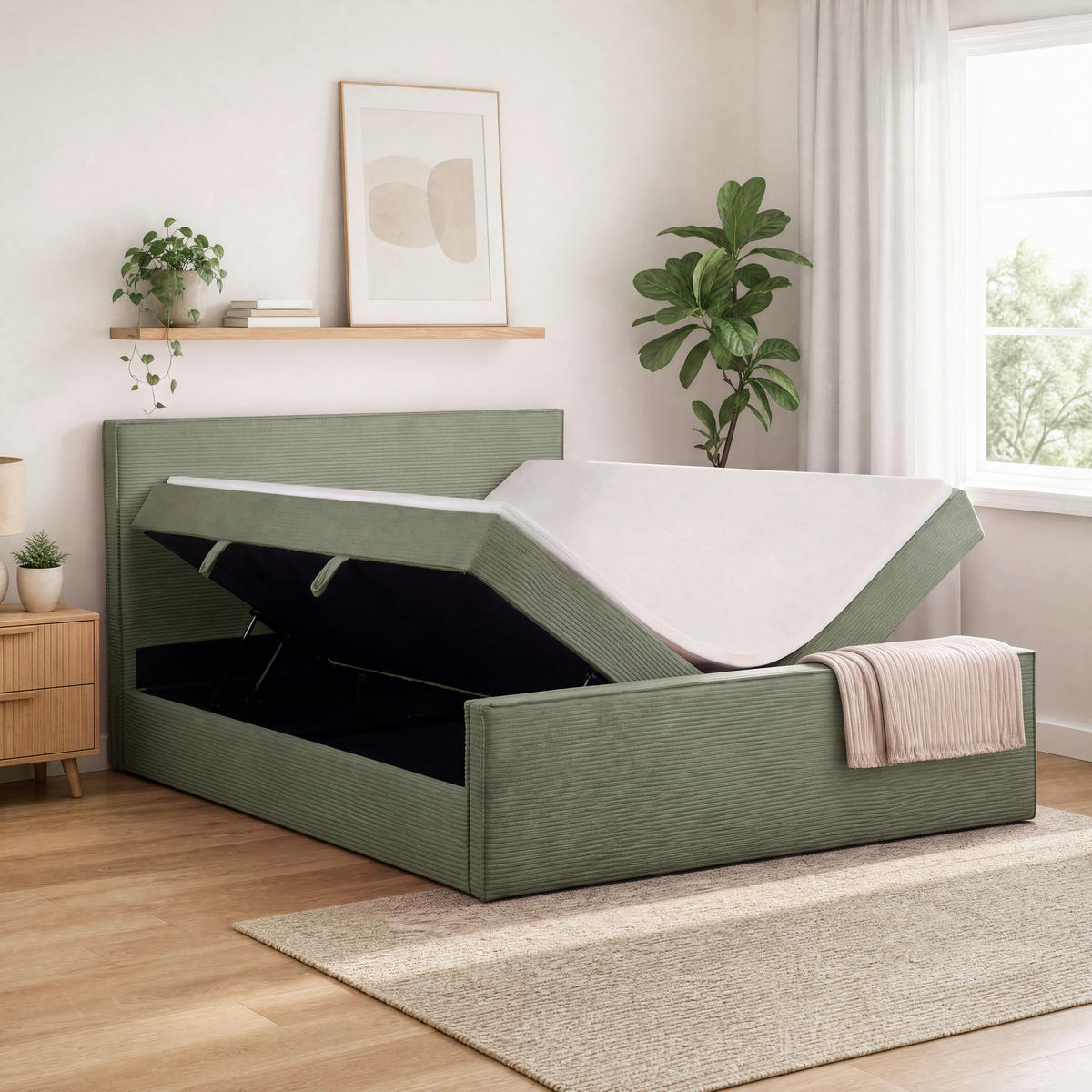 BOXBETT 180/200 cm,  in Grün, gepolstertes Kopfteil, Bettkasten, Topper, Matratzen, H3 + H3 = fest  - Schwarz/Grün, Basics, Kunststoff/Textil (180/200cm) - Chameo