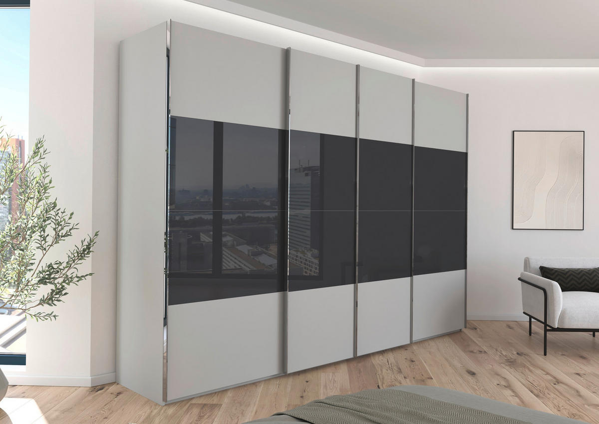 SCHWEBETÜRENSCHRANK 316/235/68 cm 4-türig Grau, Schwarz  - Chromfarben/Schwarz, KONVENTIONELL, Glas/Holzwerkstoff (316/235/68cm) - Novel