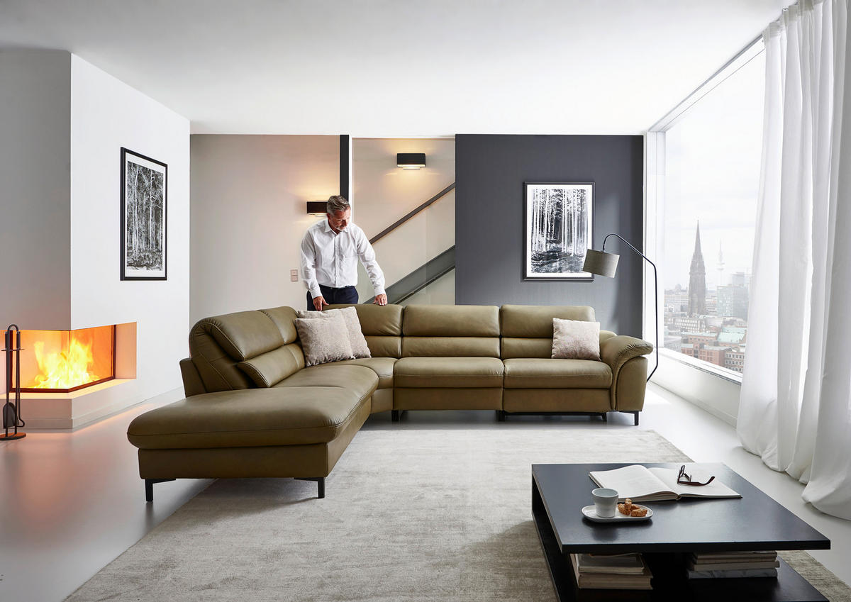 ECKSOFA Valdera Schlammfarben Echtleder  - Schlammfarben/Schwarz, Design, Leder/Metall (246/280cm) - Hukla