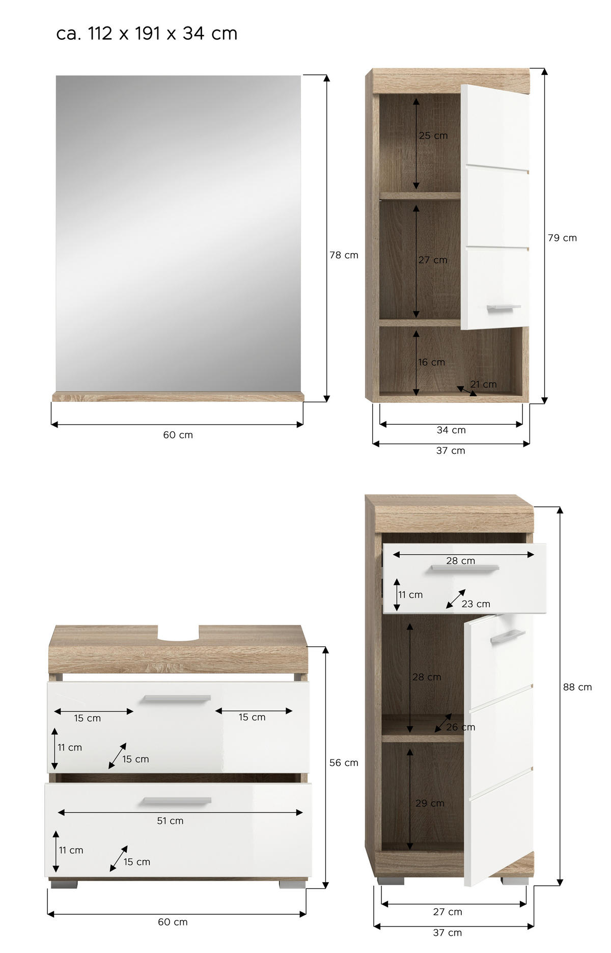 BADEZIMMER 4-teilig  in 97 cm  - Weiss Hochglanz/Silberfarben, Modern, Glas/Holzwerkstoff (97cm) - MID.YOU