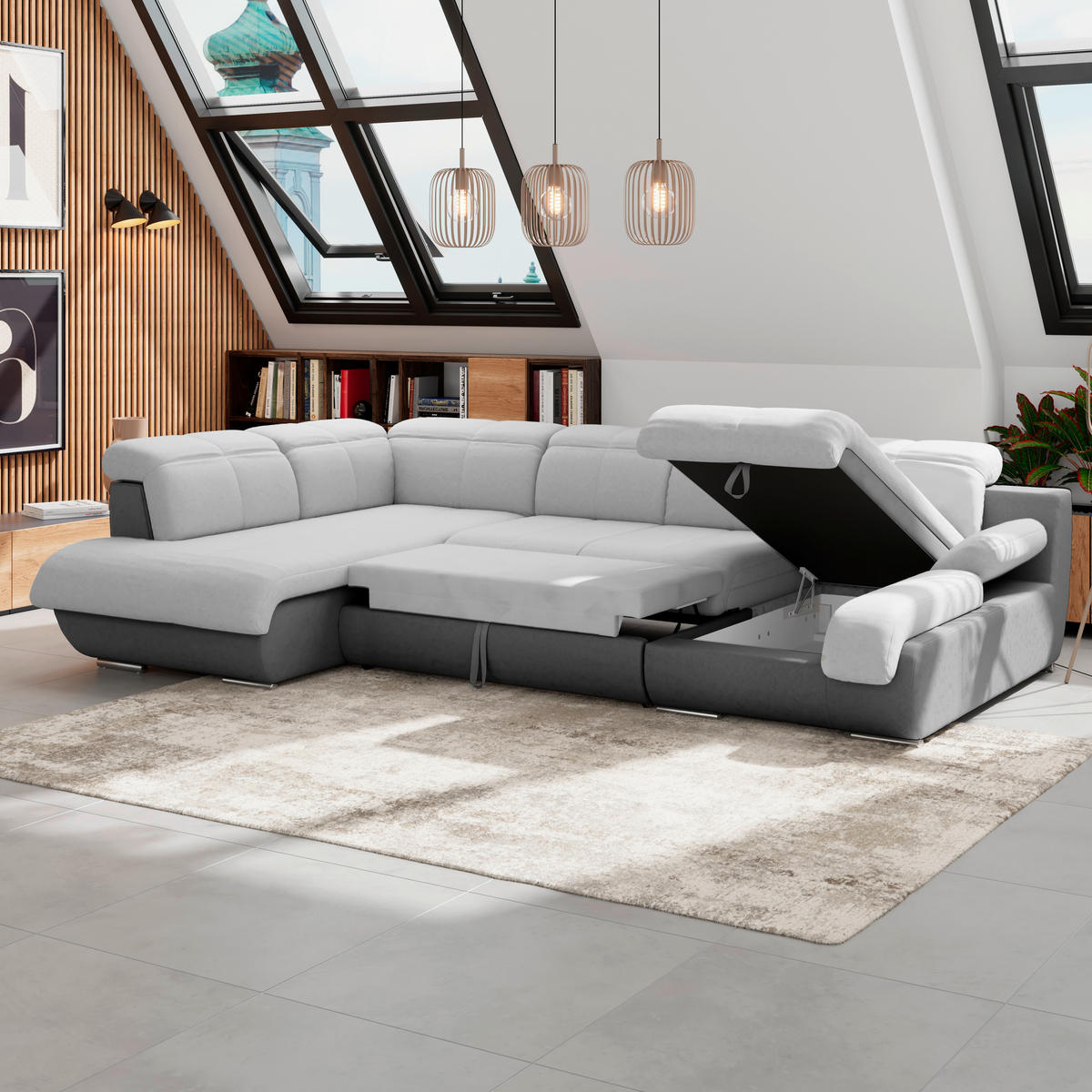 WOHNLANDSCHAFT in Mikrofaser Hellgrau, Dunkelgrau, Grau  - Chromfarben/Dunkelgrau, Modern, Textil/Metall (228/345/184cm) - MID.YOU