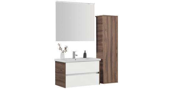 BADEZIMMER 90 cm  - Weiß Hochglanz/Nussbaumfarben, Basics, Glas/Keramik (90cm) - Voleo