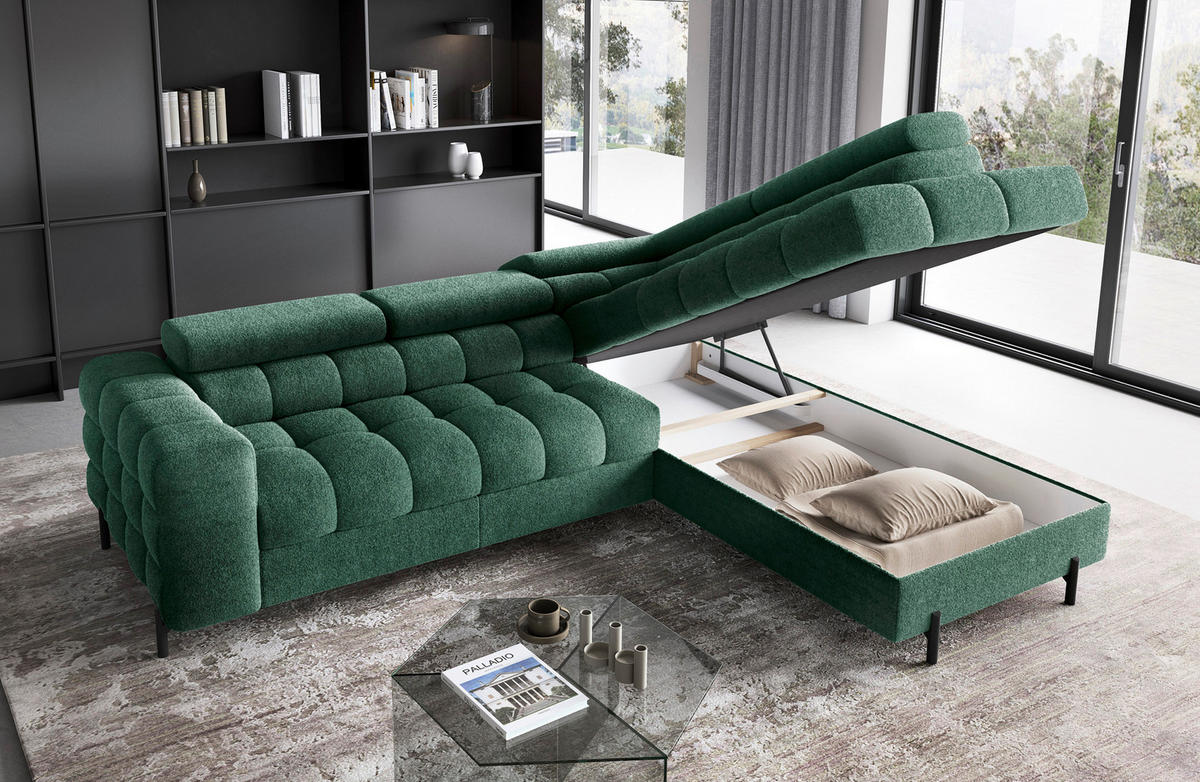 ECKSOFA FERUCCE Dunkelgrün Teddystoff Bettkasten, Kopfteilverstellung  - Dunkelgrün/Schwarz, Design, Textil/Metall (276/200cm) - MID.YOU