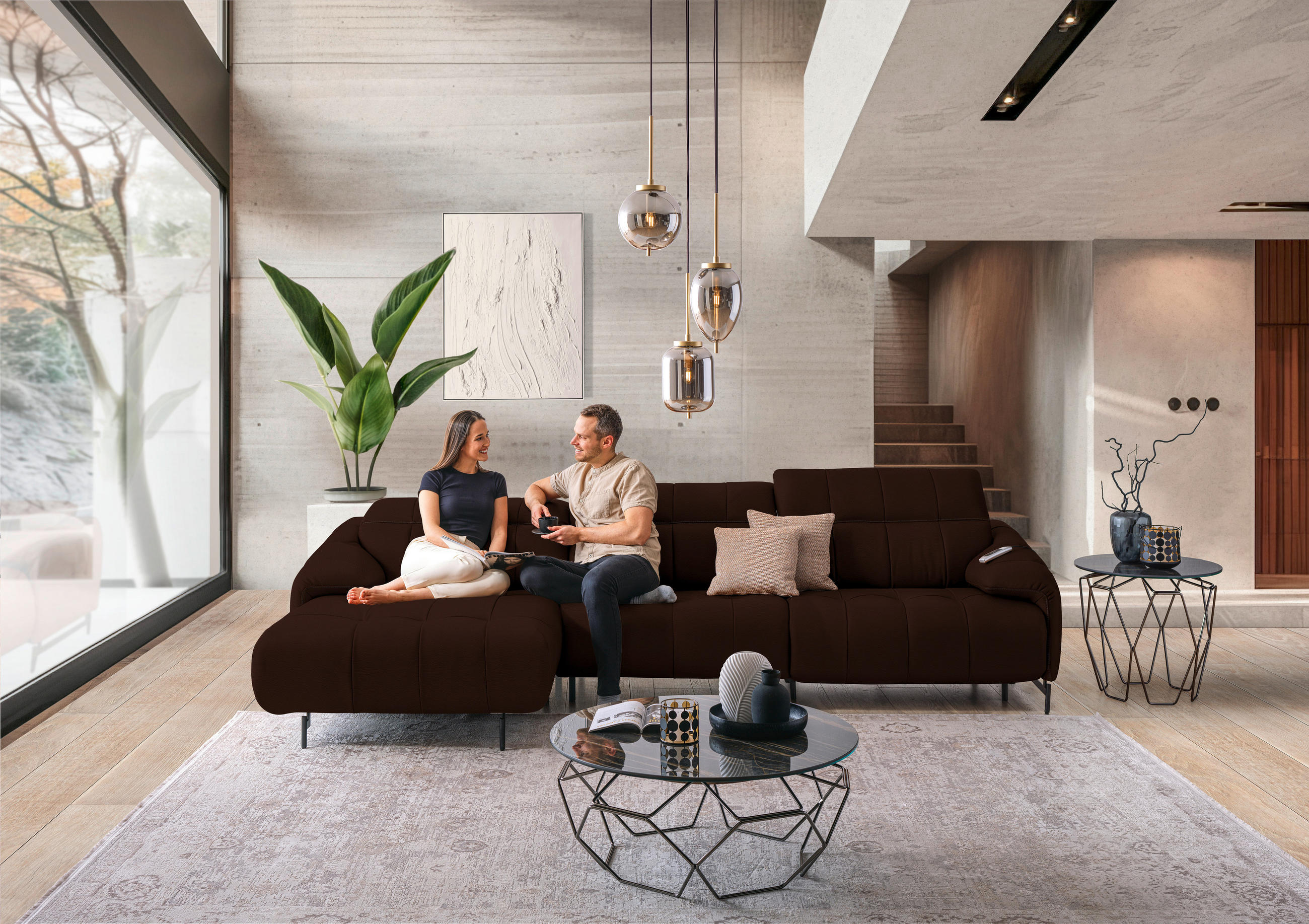 ECKSOFA in Echtleder Braun  - Schwarz/Braun, Design, Leder/Metall (165/313cm) - Emilio Belluti