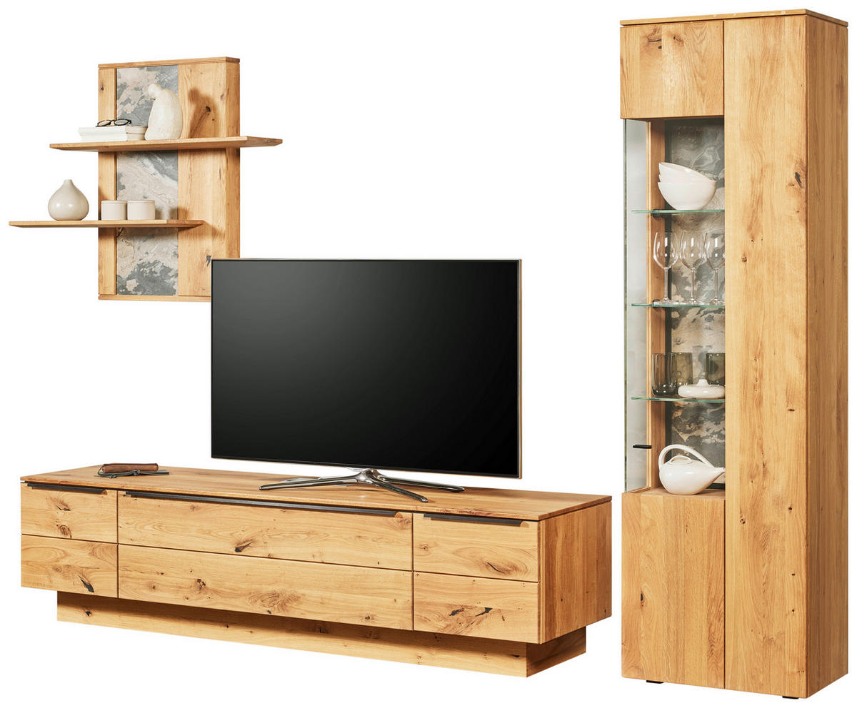 WOHNWAND  in Eichefarben 320/205,7/53,7 cm  - Eichefarben/Schwarz, Natur, Glas/Holz (320/205,7/53,7cm) - Valnatura